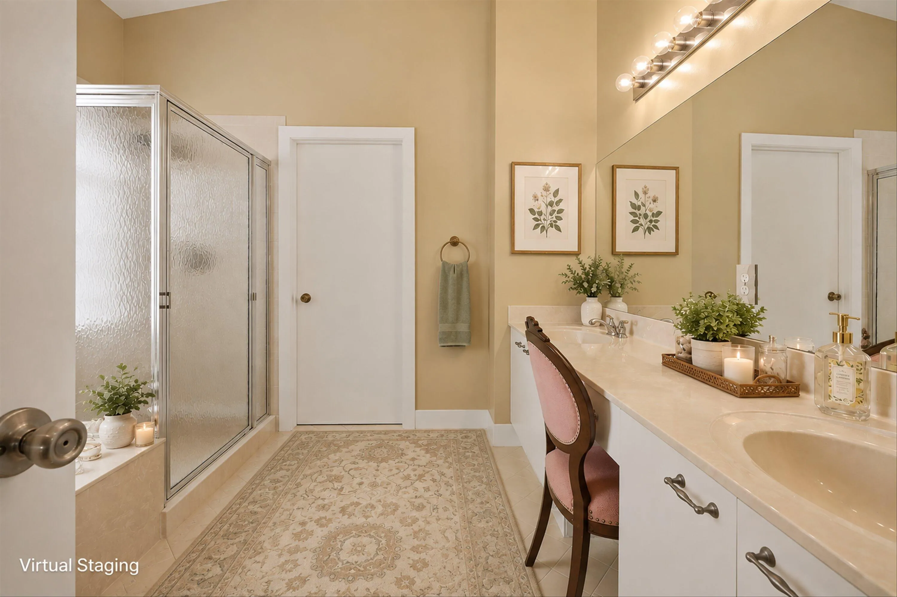 Dual sink vanity with light-toned countertop