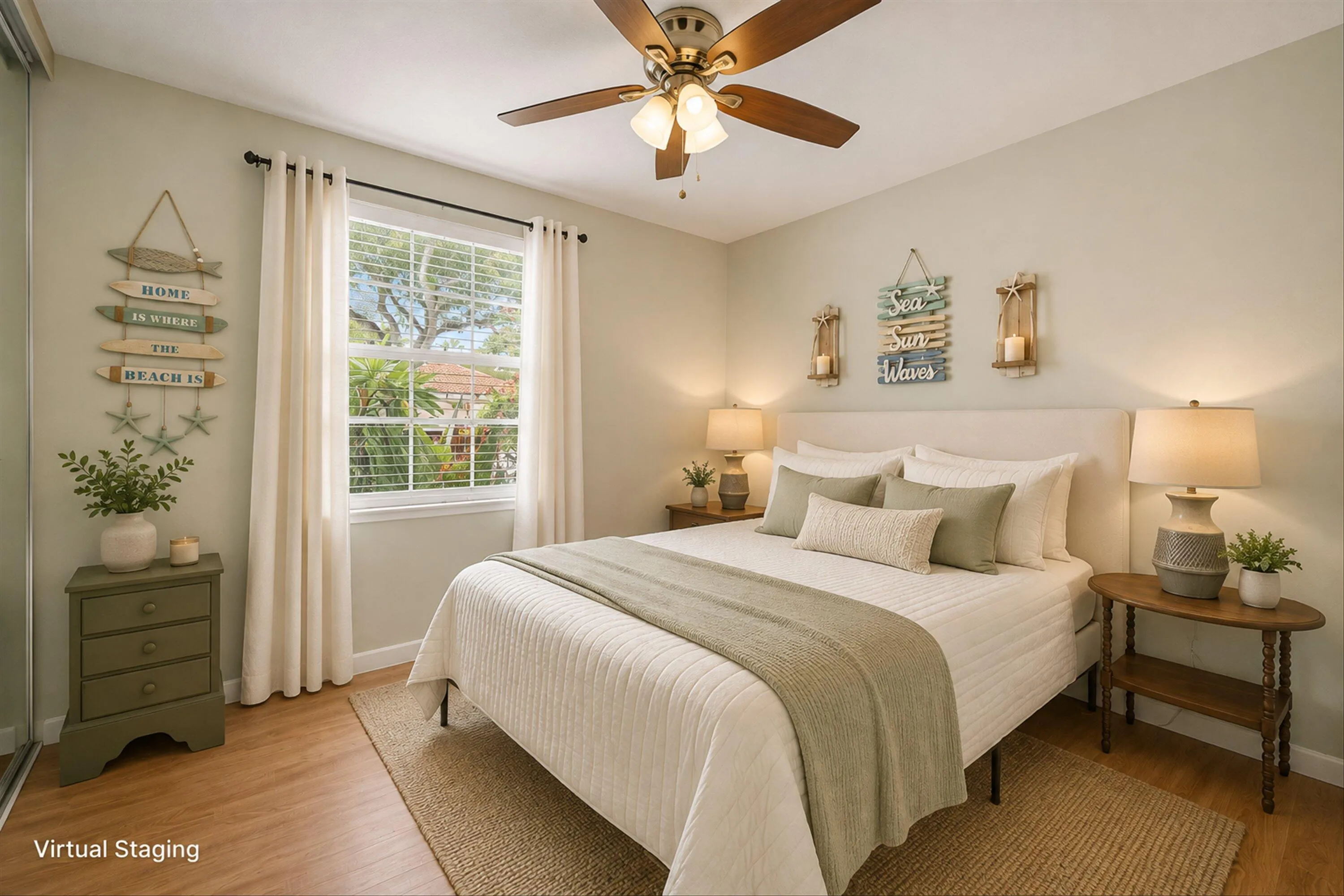 Wood-finish flooring, single window with white trim, ceiling fan with light fixture, and light-colored walls