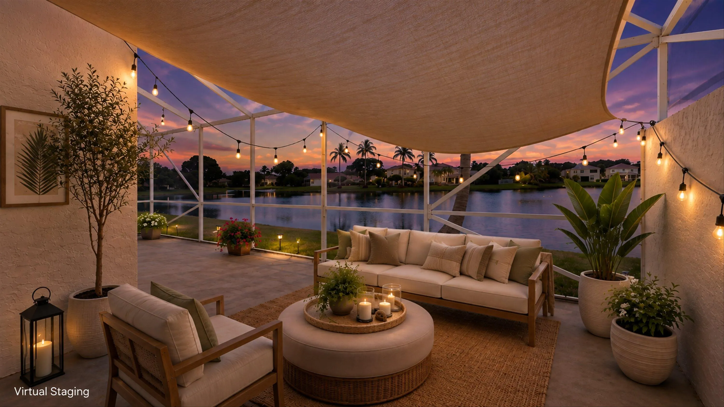 Screened patio with a fabric shade structure, string lighting, and direct water frontage