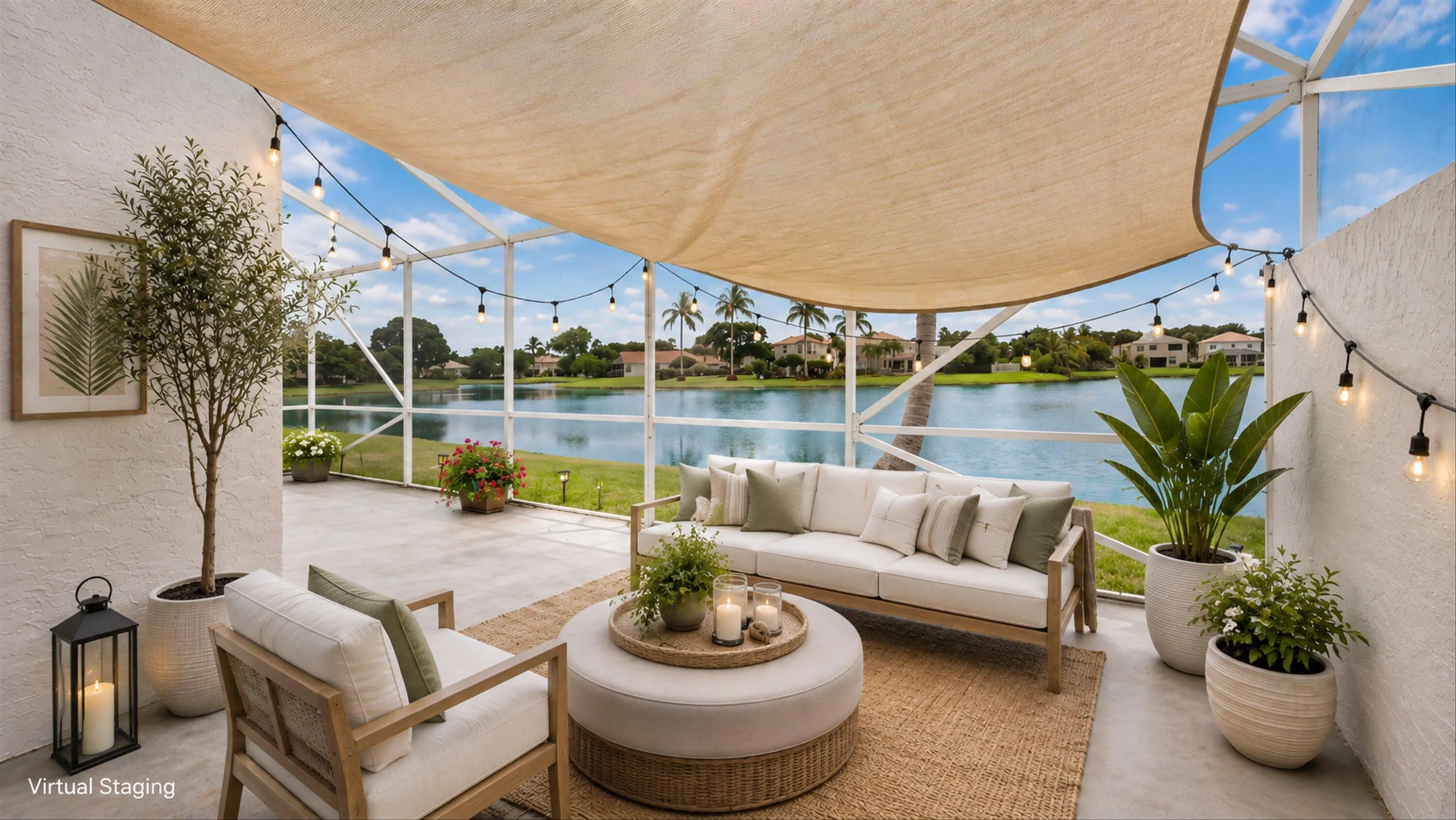 Screened patio with a fabric shade structure, concrete flooring, and water frontage