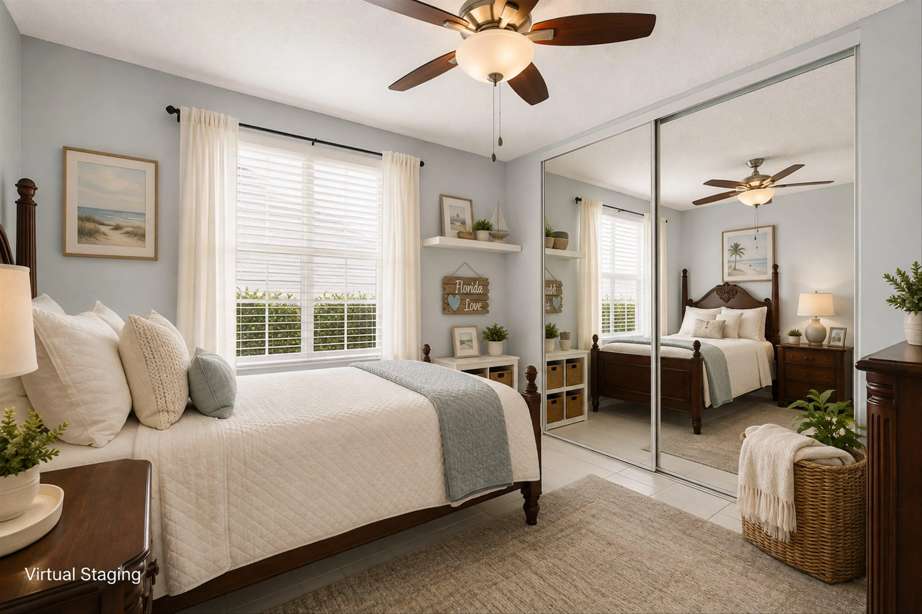 Ceiling fan with integrated lighting, window with blinds, light-toned wall paint, mirrored closet doors, and tile flooring