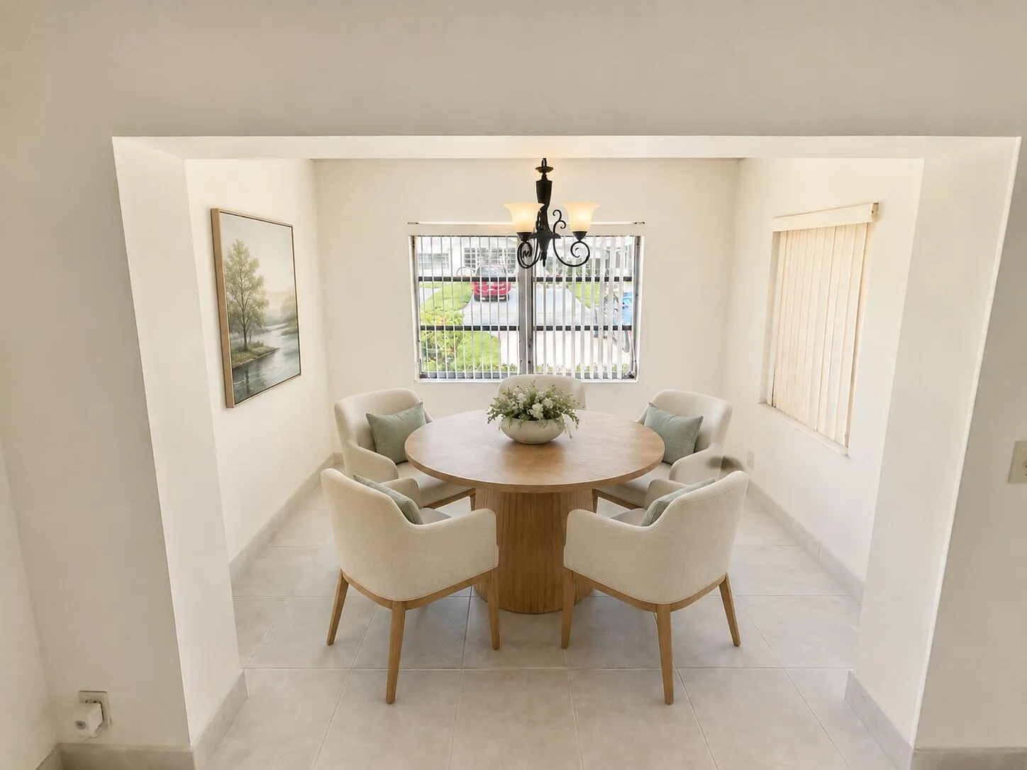 Recessed dining area featuring tile flooring, a window with vertical blinds, and a built-in light fixture