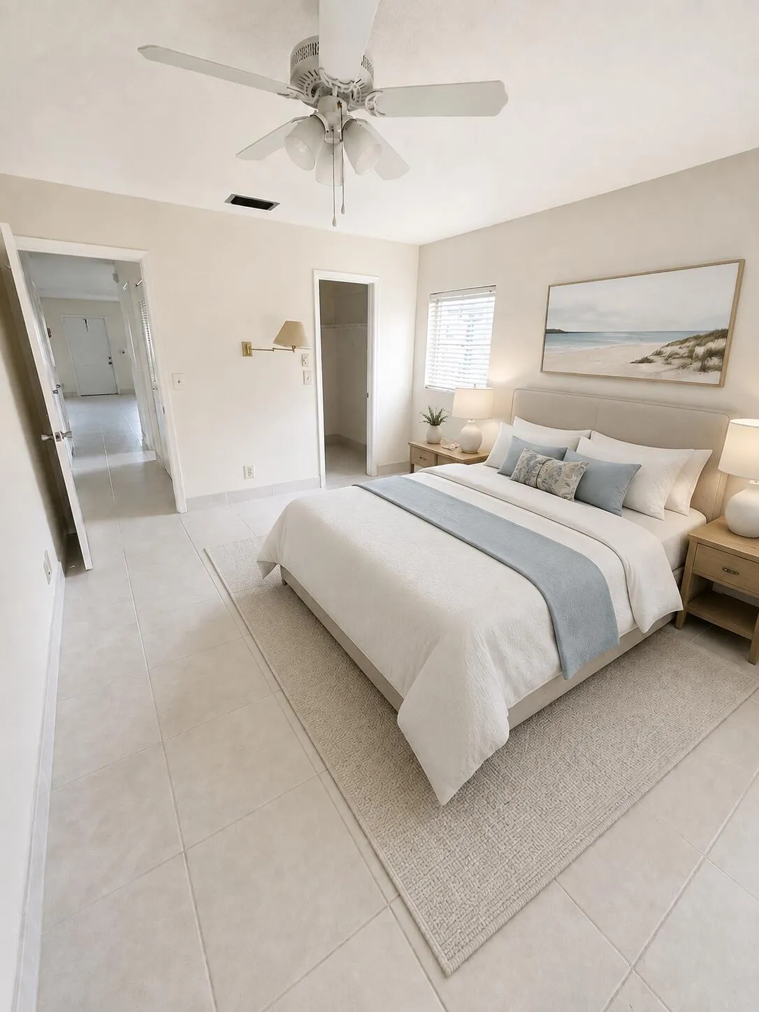 Recessed lighting, ceiling fan, tile flooring, window with blinds, and built-in closet