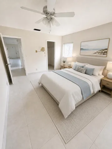 Recessed lighting, ceiling fan, tile flooring, window with blinds, and built-in closet
