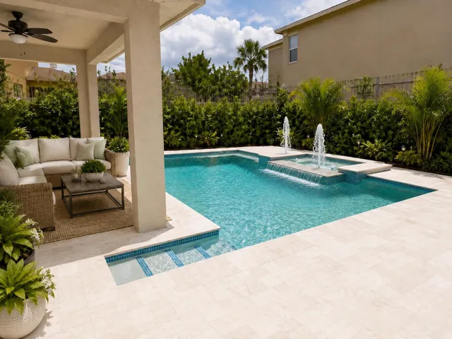 Beautiful swimming pool with flowing fountains.