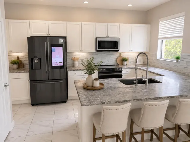 Large Kitchen with smart LG fridge, island/peninsula seating, glass tiled backsplash, pantry, stone countertop.