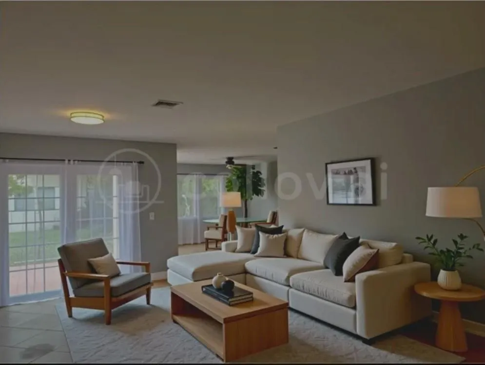 Wall color is as pictured. Furnishing added virtually