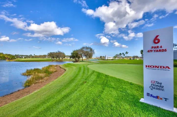 Manicured golf course featuring a water hazard, mature trees, and a clear blue sky