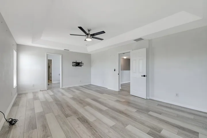 Light wood-finish flooring, tray ceiling, contemporary ceiling fan, and white paneled doors