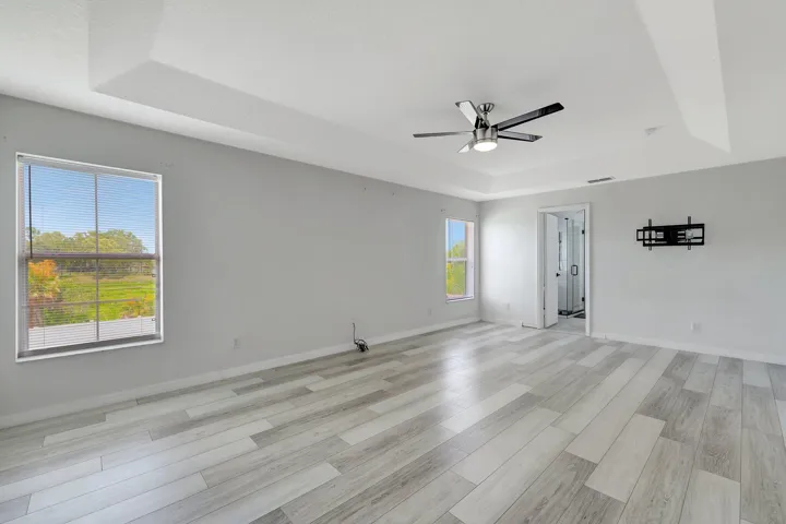 Spacious room with wood-finish flooring, tray ceiling, and a contemporary ceiling fan