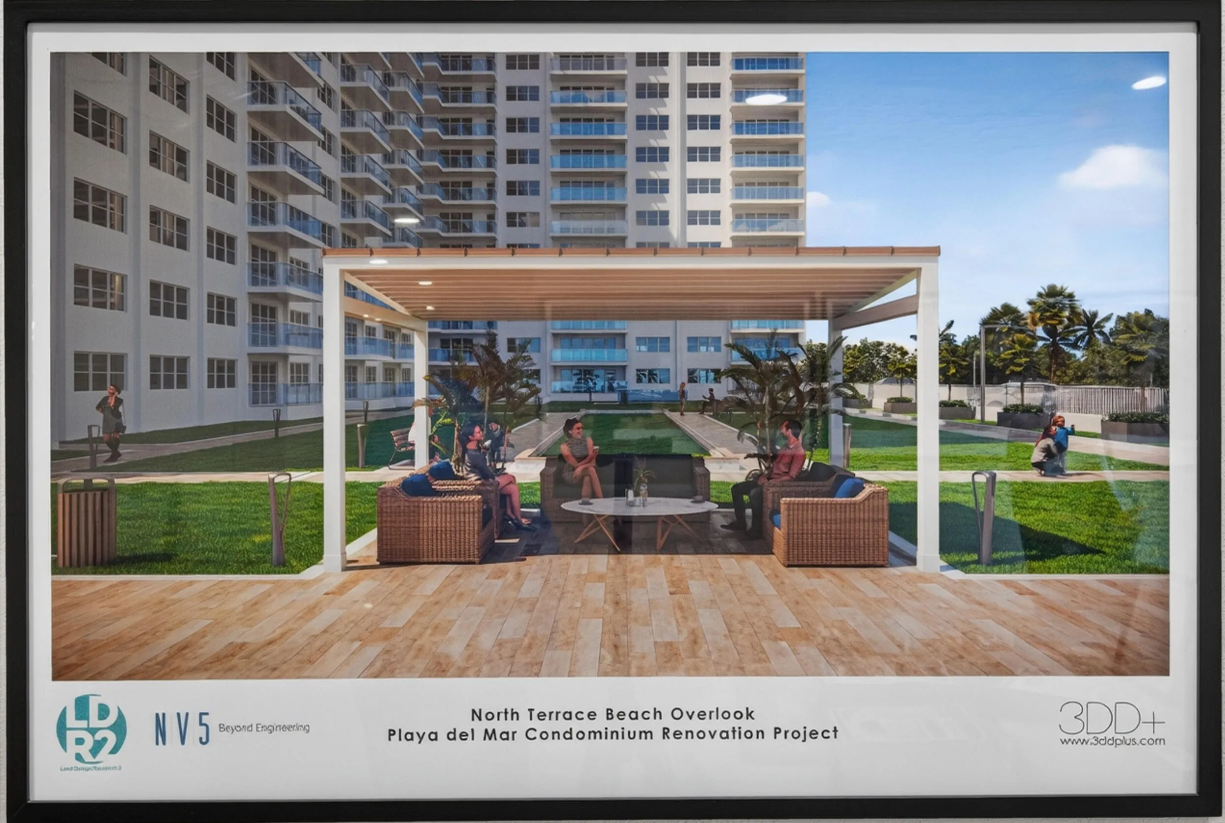 Architectural rendering of the proposed shaded gathering pavilion and landscaped north terrace designed for relaxed outdoor enjoyment.
