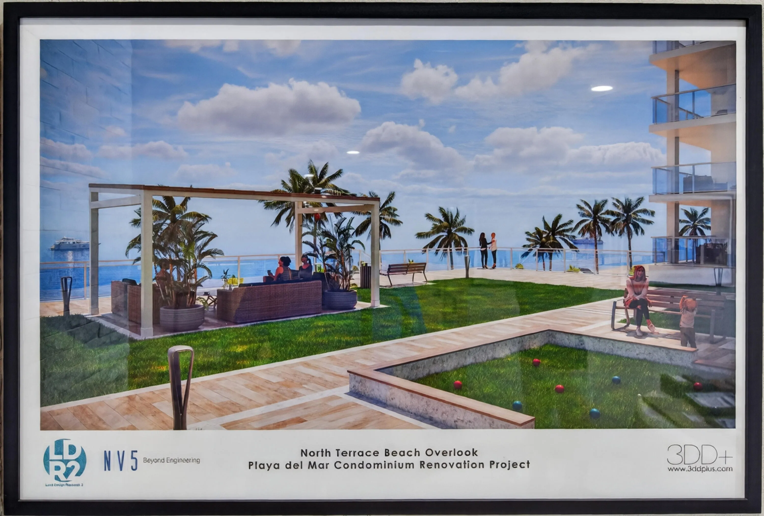 Architectural rendering of the proposed oceanfront terrace with landscaped lawns, shaded seating and recreational areas overlooking the beach.