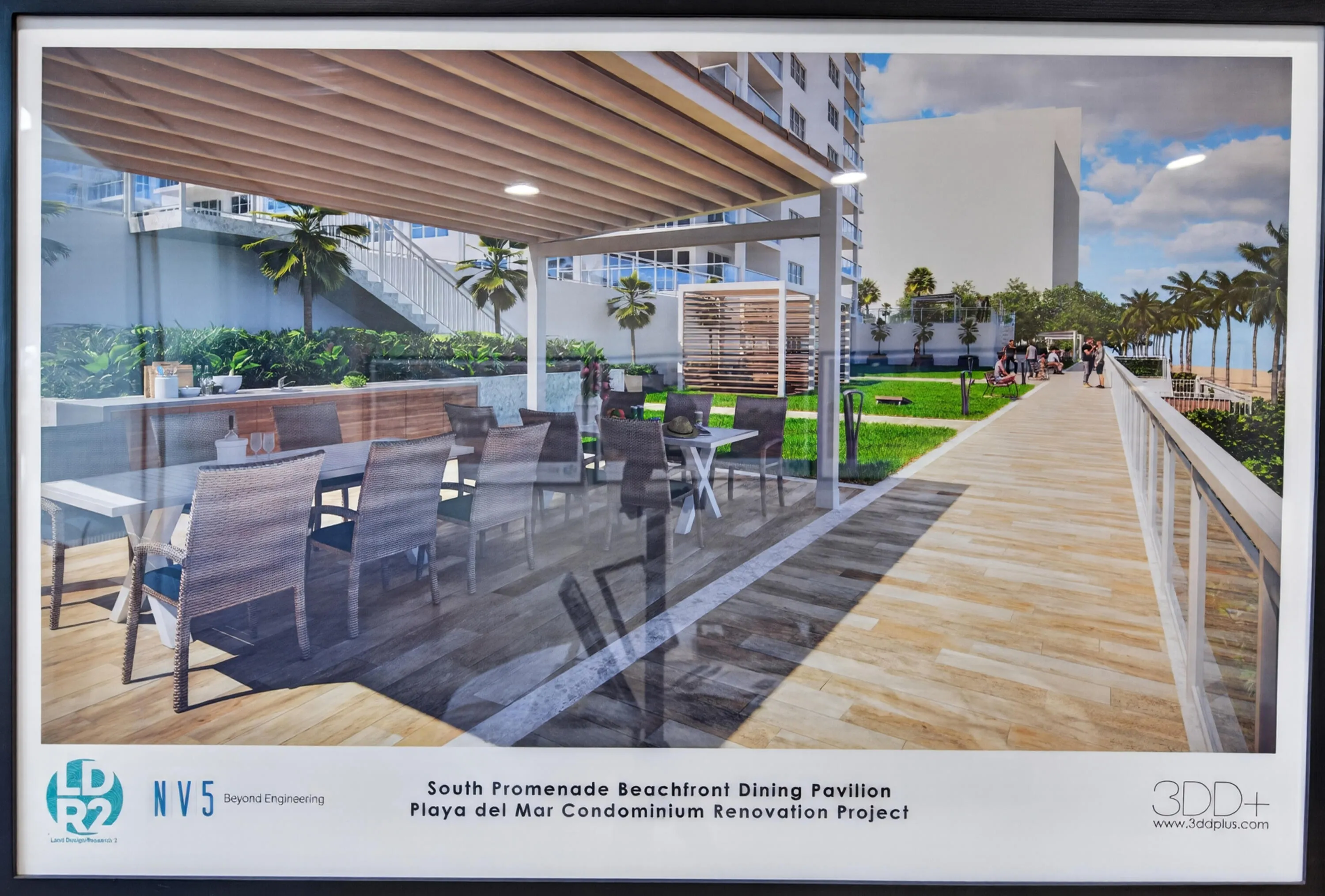Architectural rendering of the proposed south-promenade dining pavilion with shaded seating and an outdoor entertaining area near the ocean.