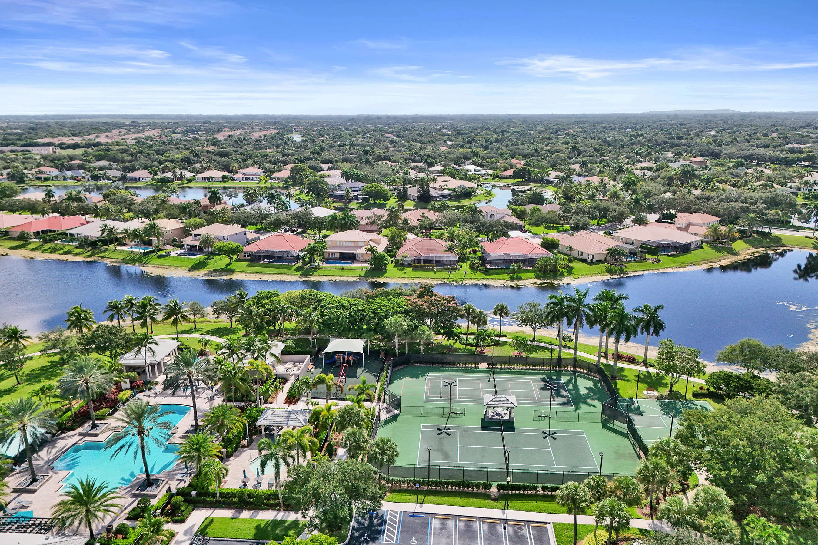 Expansive community featuring multiple tennis courts, a large swimming pool, and a recreational building with extensive gym and a bonus entertainment room