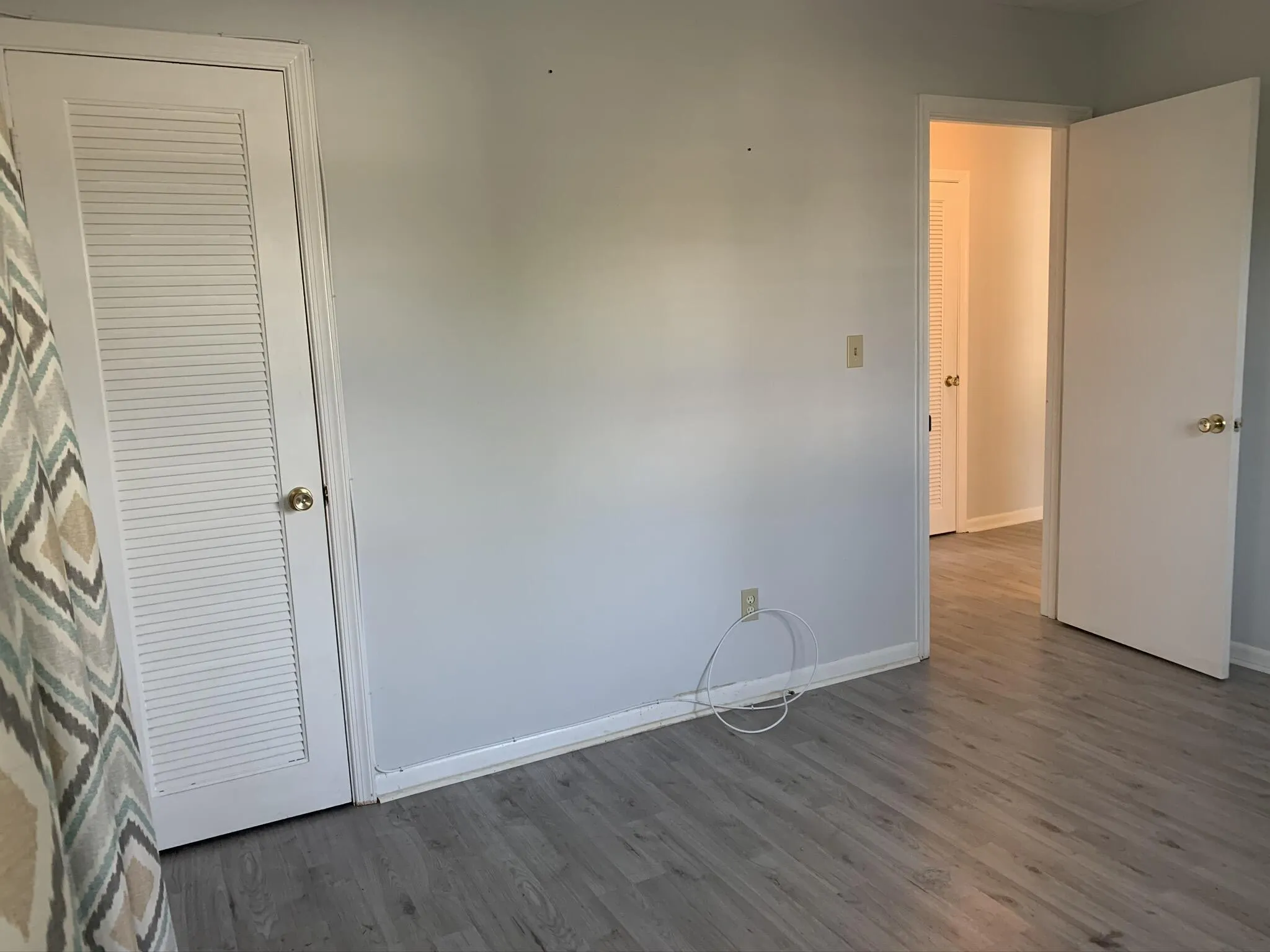 Light gray wall color, wood-finish flooring, white louvered door, white panel door, brass-finish doorknobs
