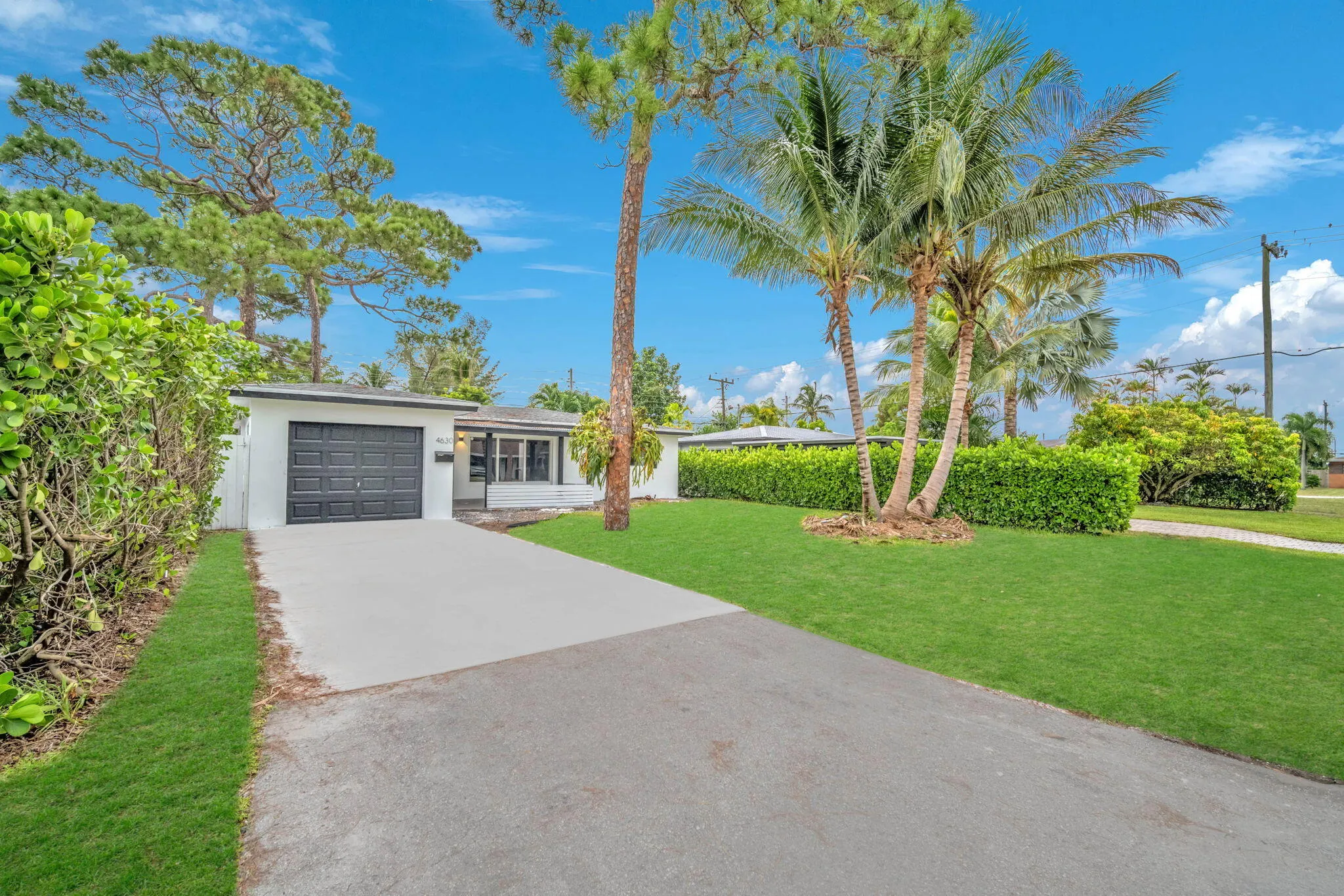 Single-story residence featuring a dark-toned garage door, white exterior, and a concrete driveway