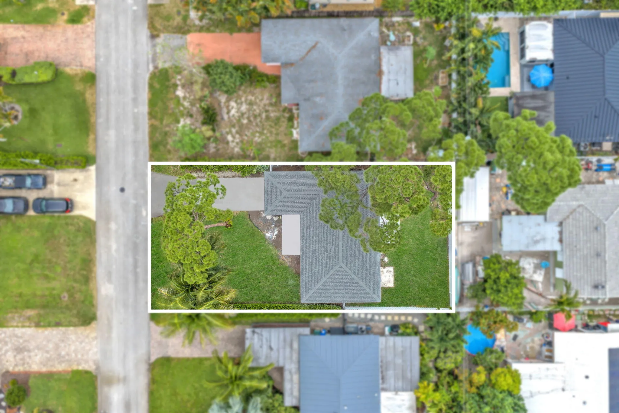 Gable roof home with a grey shingle roof, expansive green lawn, mature trees, and a concrete driveway