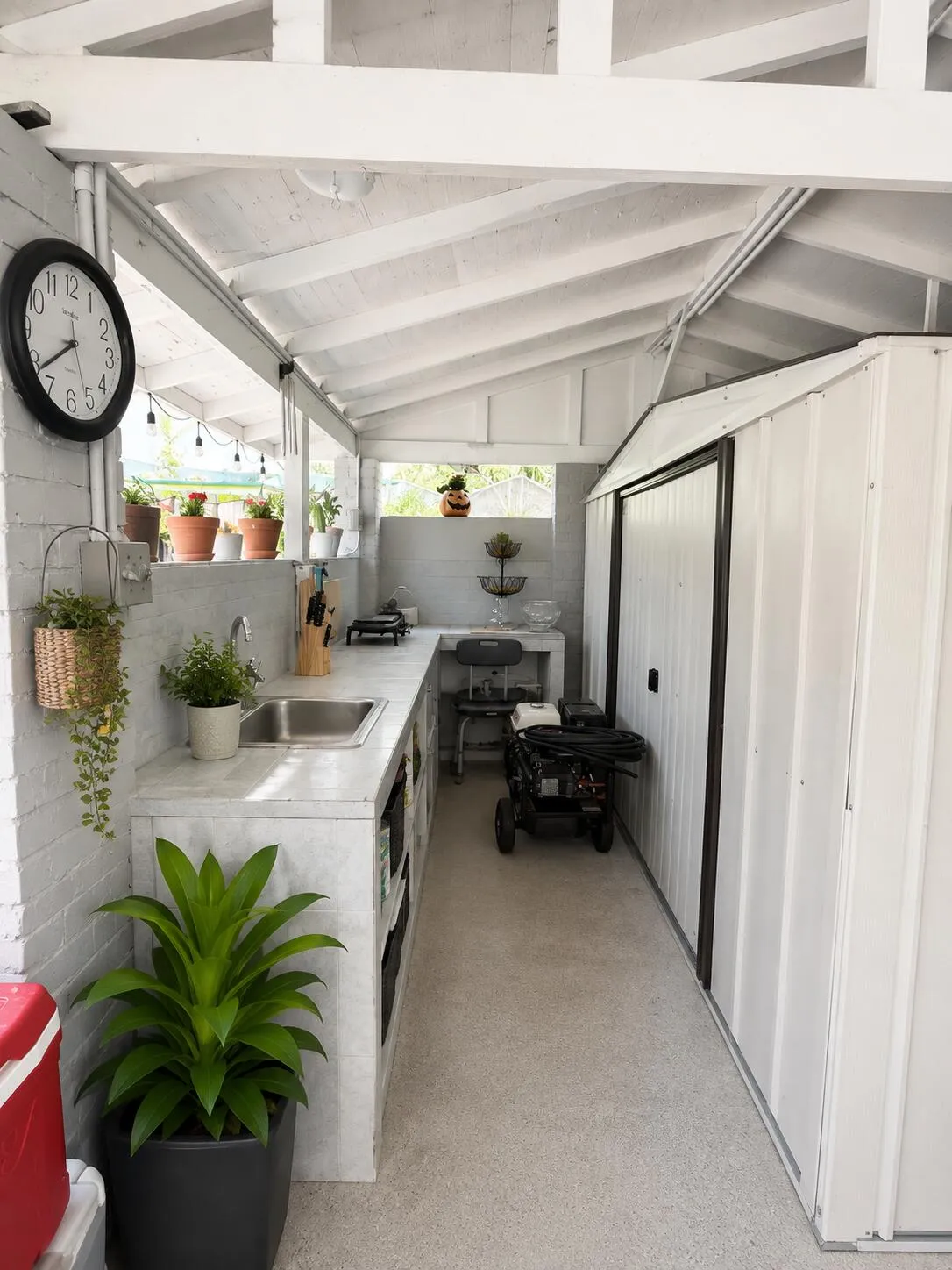 Covered outdoor area featuring a built-in countertop, integrated stainless steel sink, and exposed beam ceiling