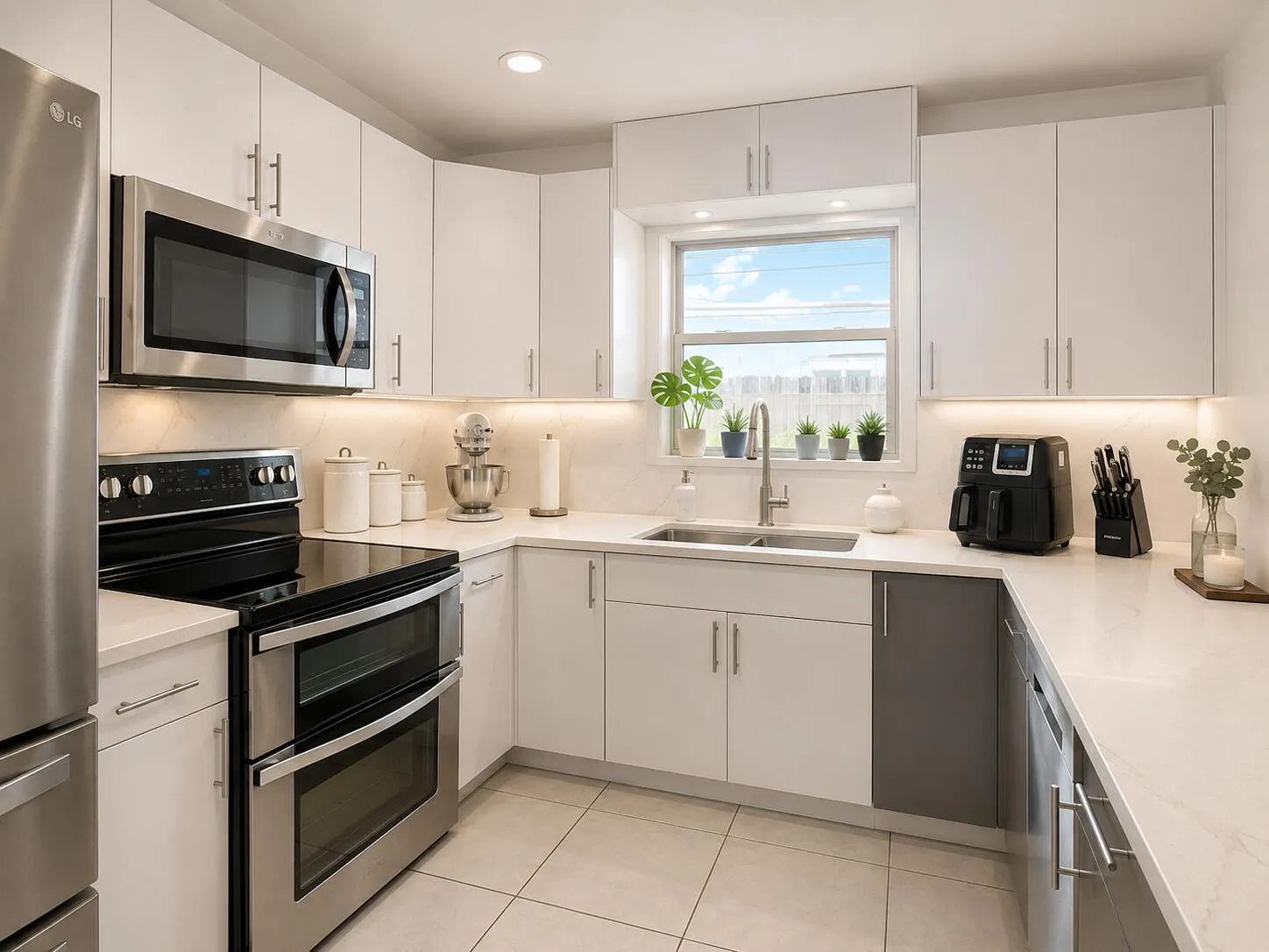 Stainless steel appliances, recessed lighting, undermount sink, light-toned countertops, and two-tone cabinetry