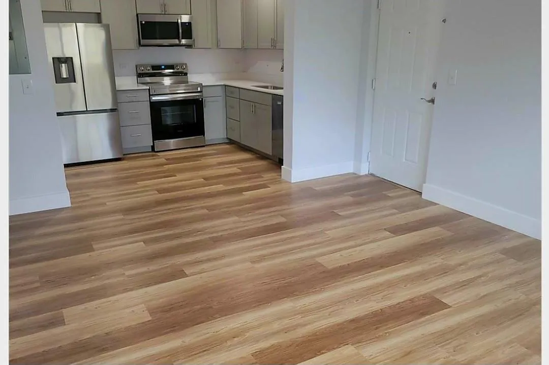 Modern kitchen featuring stainless steel appliances, light gray cabinetry, white countertops, and wood-finish flooring