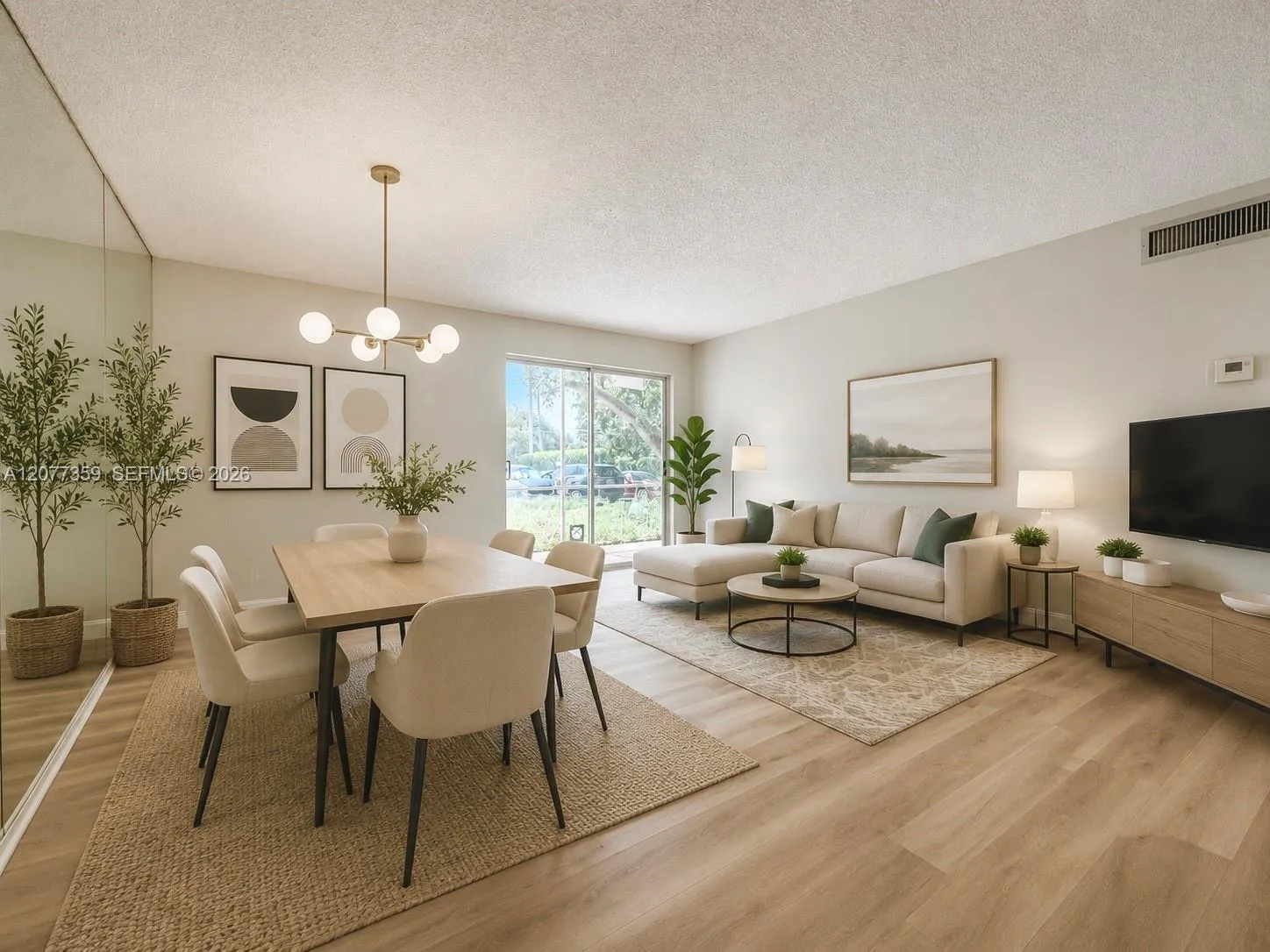 Virtually staged living and dining area