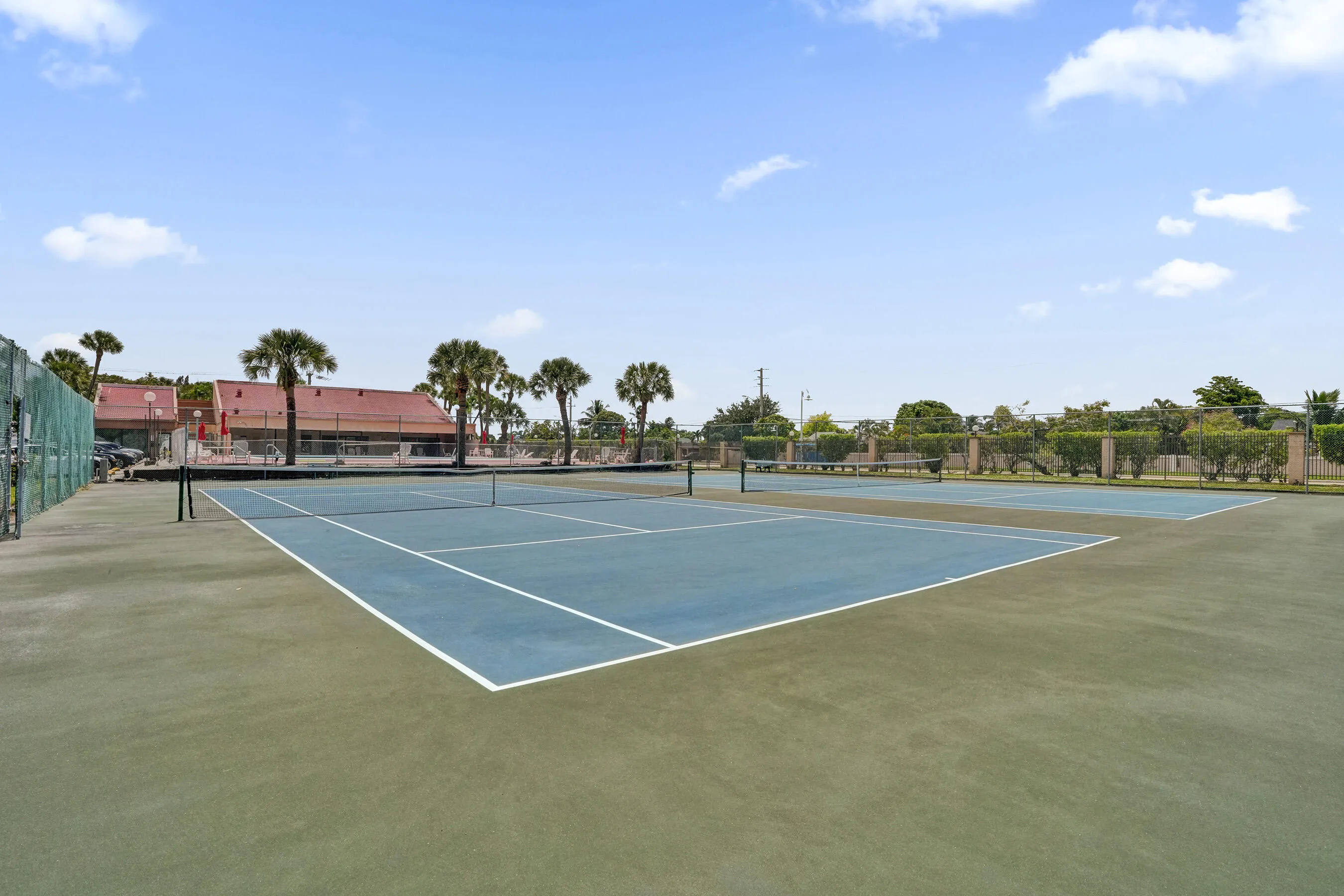 Multiple tennis courts with blue and green surfacing, framed by palm trees and perimeter fencing