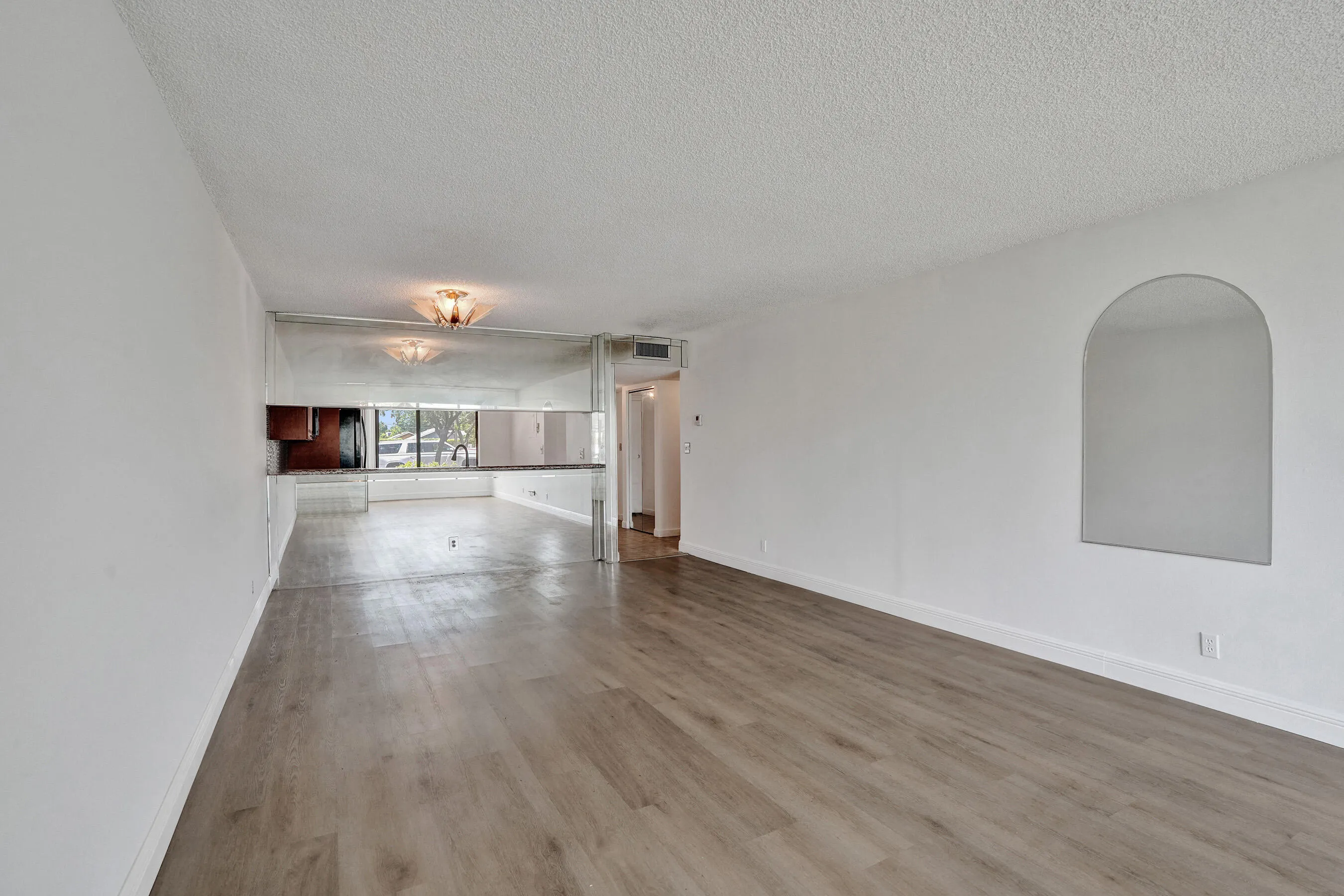 Wood-finish flooring, mirrored wall accents, built-in wall niche, and an overhead light fixture