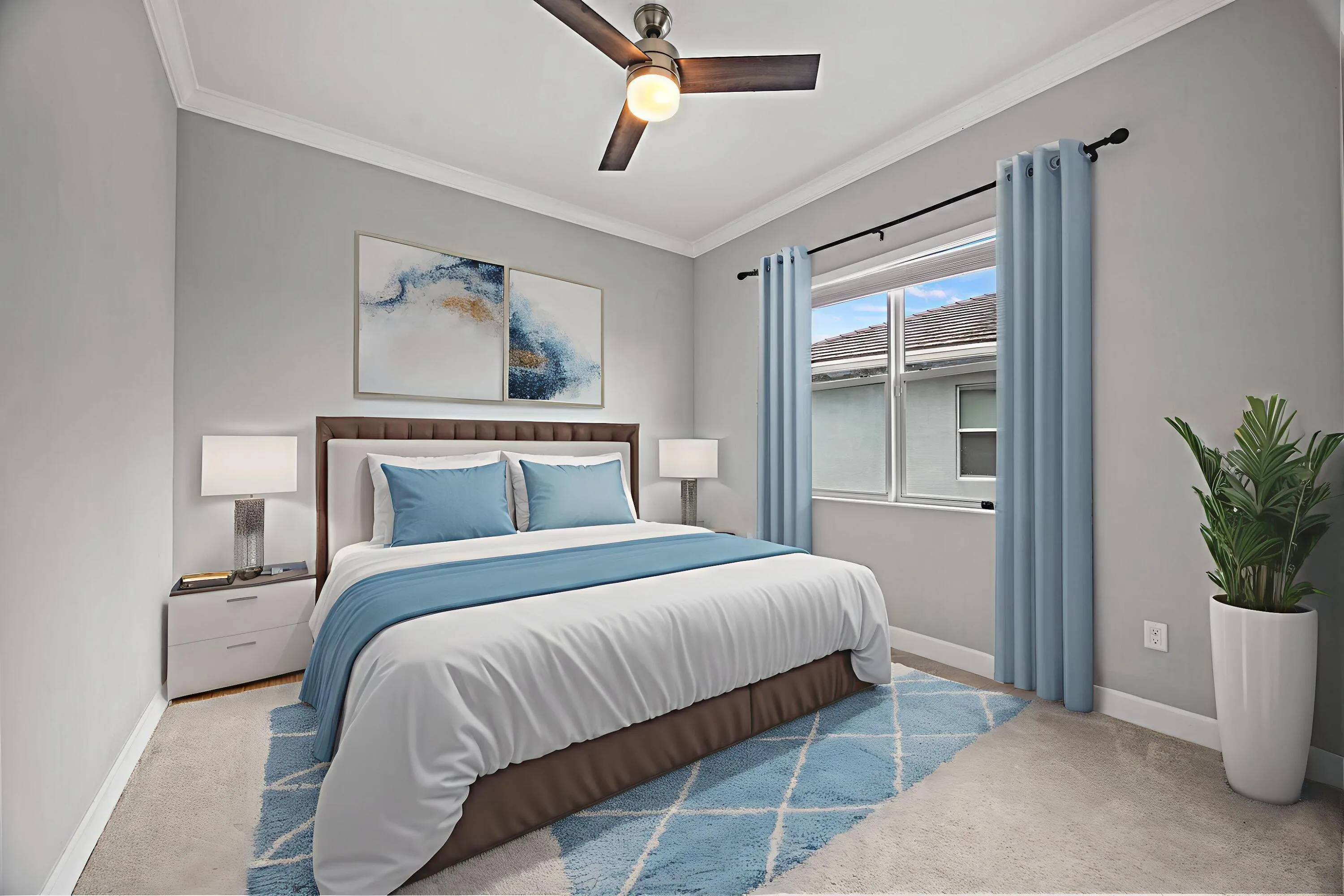 Recessed window with light-toned trim, crown molding, and a ceiling fan with integrated lighting