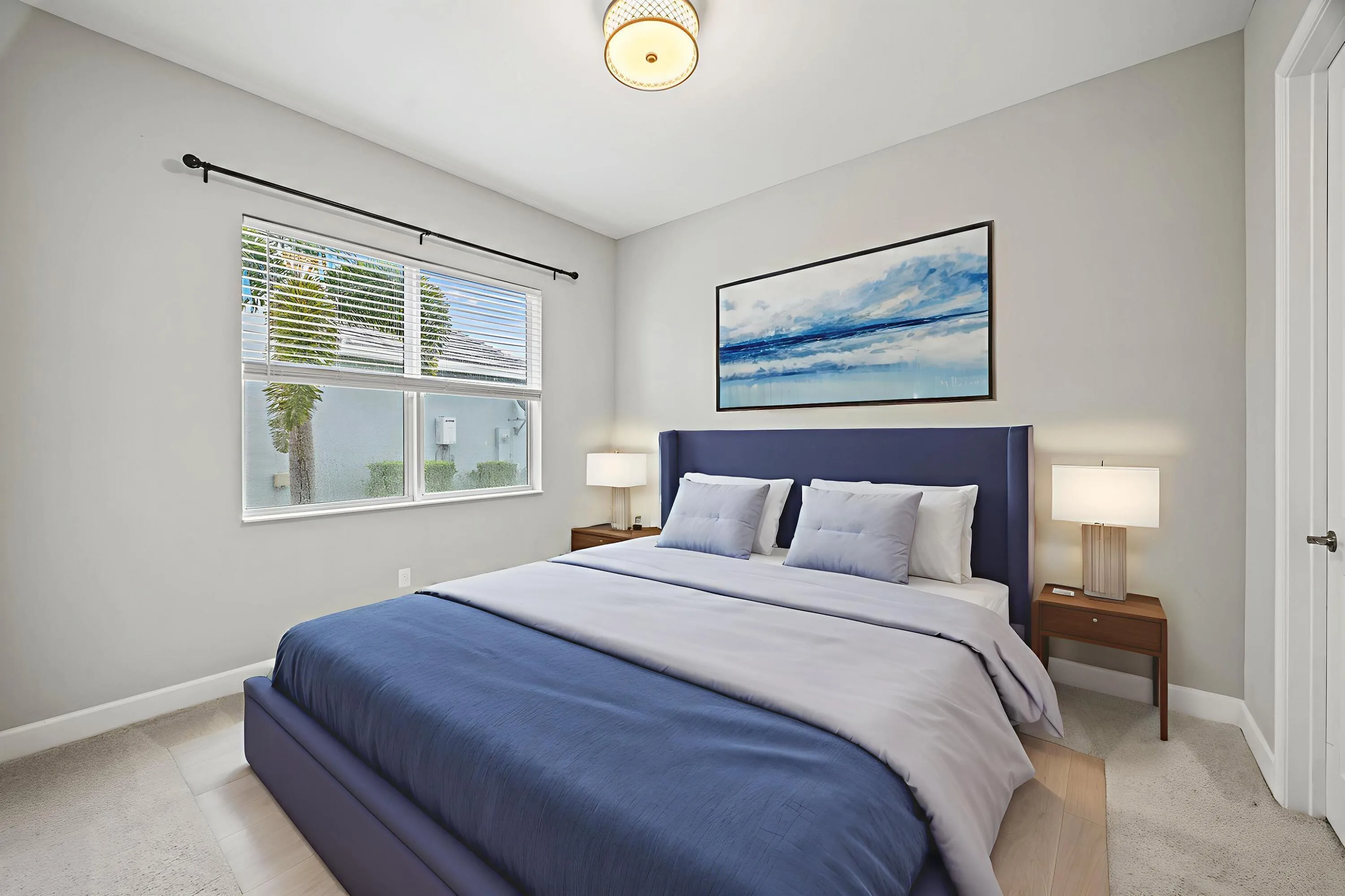Recessed window with blinds, overhead drum light fixture, and paneled interior door