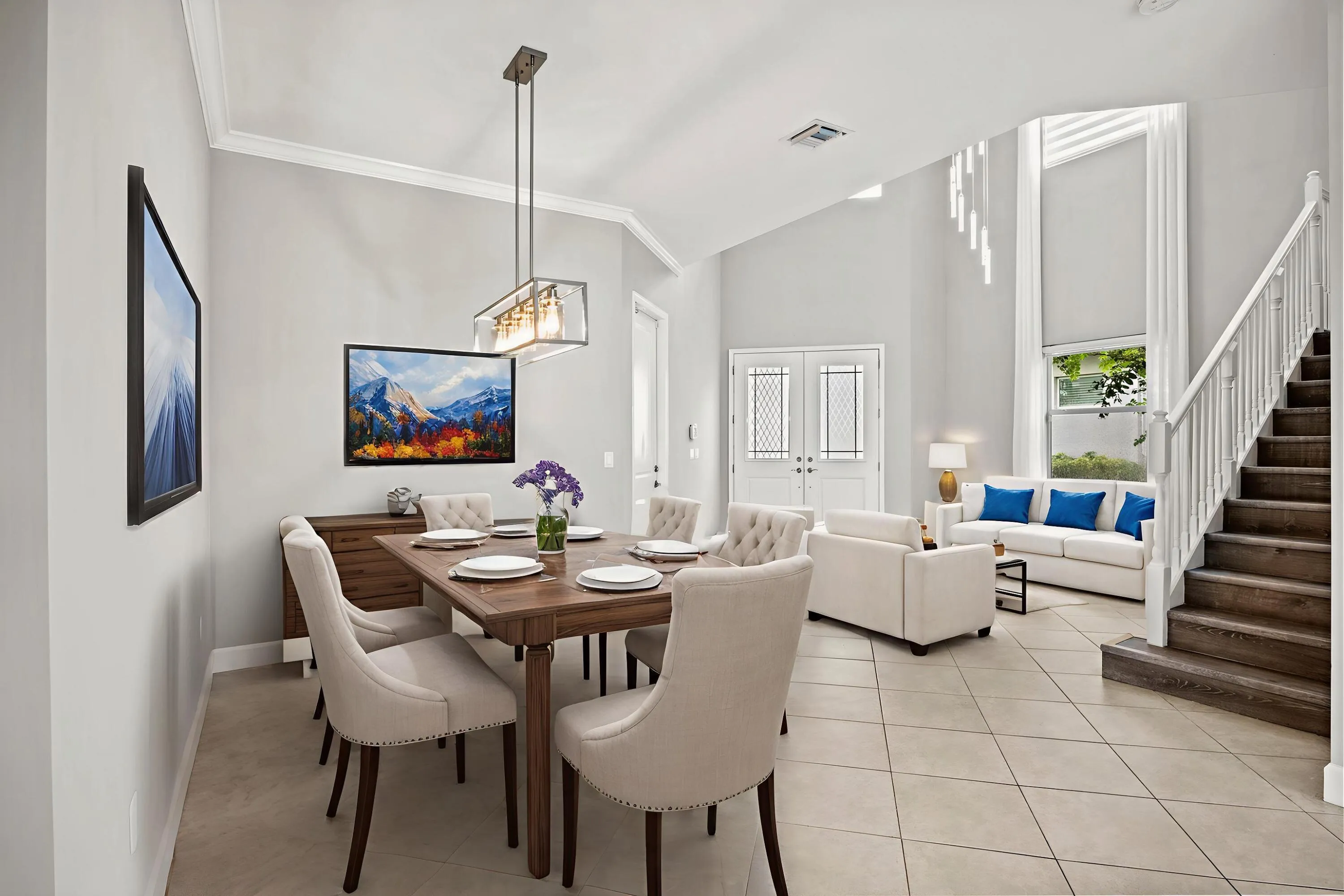 Vaulted ceilings, tiled flooring, wood-finish staircase, double entry doors with decorative glass, and crown molding