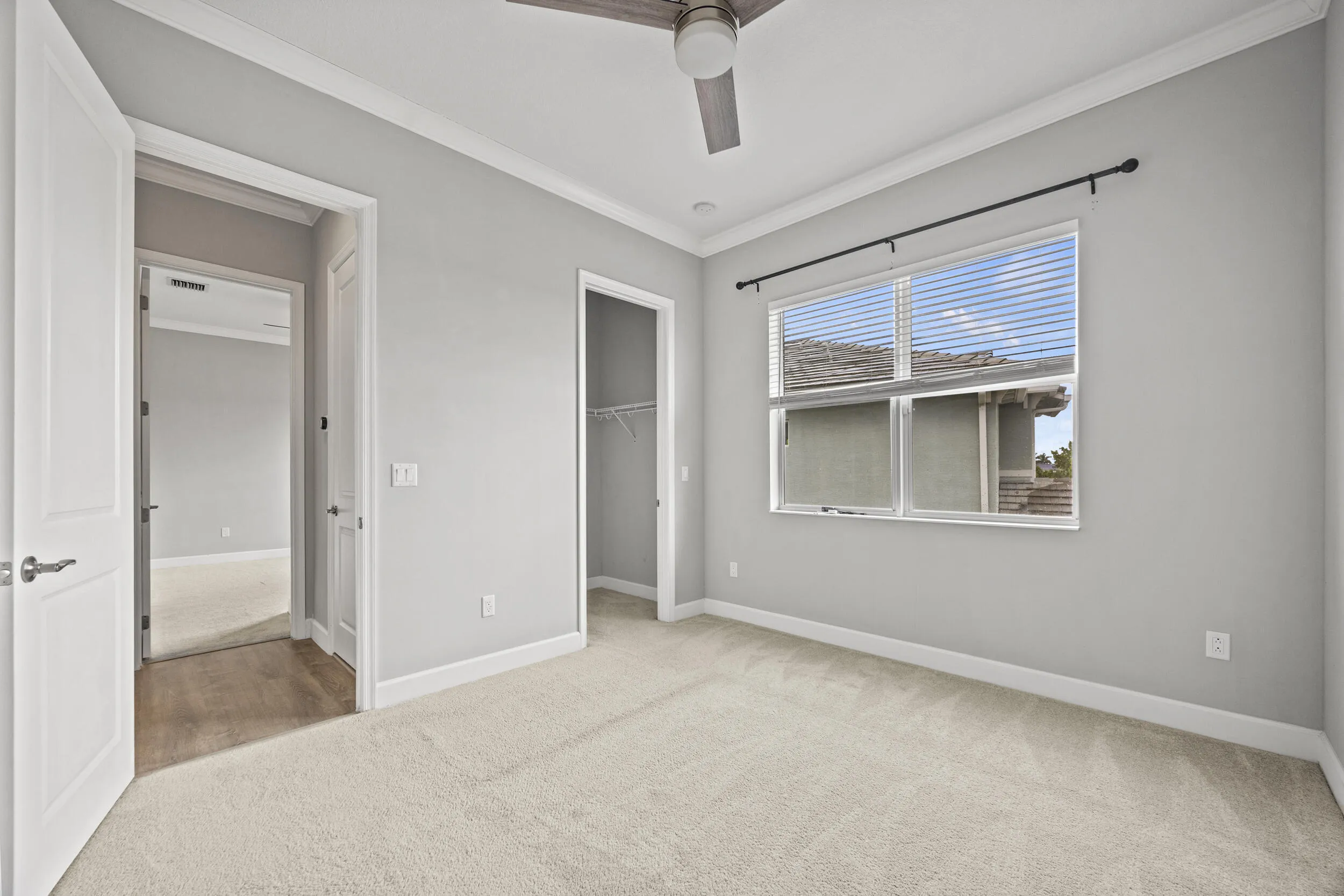 Bright secondary bedroom showcasing neutral gray walls, neutral carpet flooring, abundant natural light from large dual-pane windows, ceiling fan, and direct access to an ensuite bathroom with white cabinetry