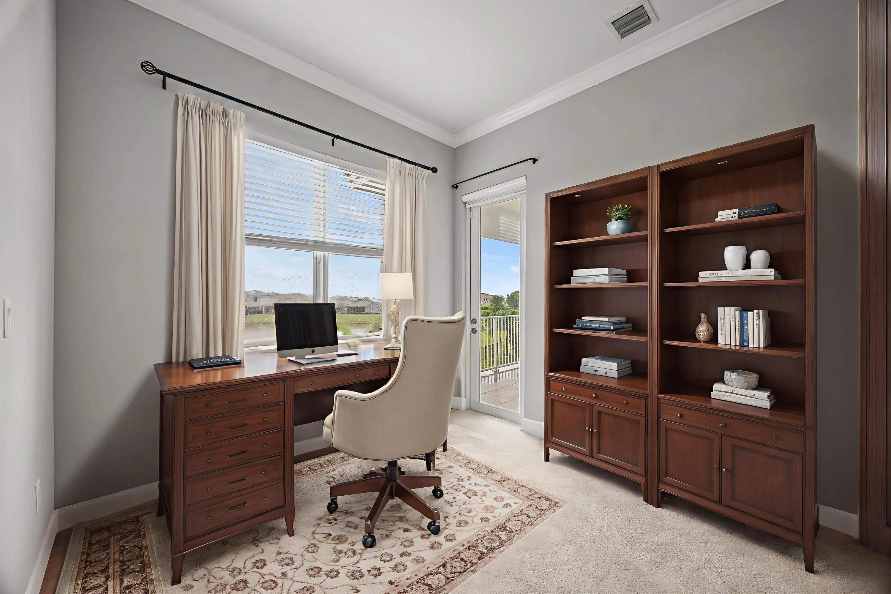 Built-in wood-finish bookcases, crown molding, and a sliding glass door providing natural light