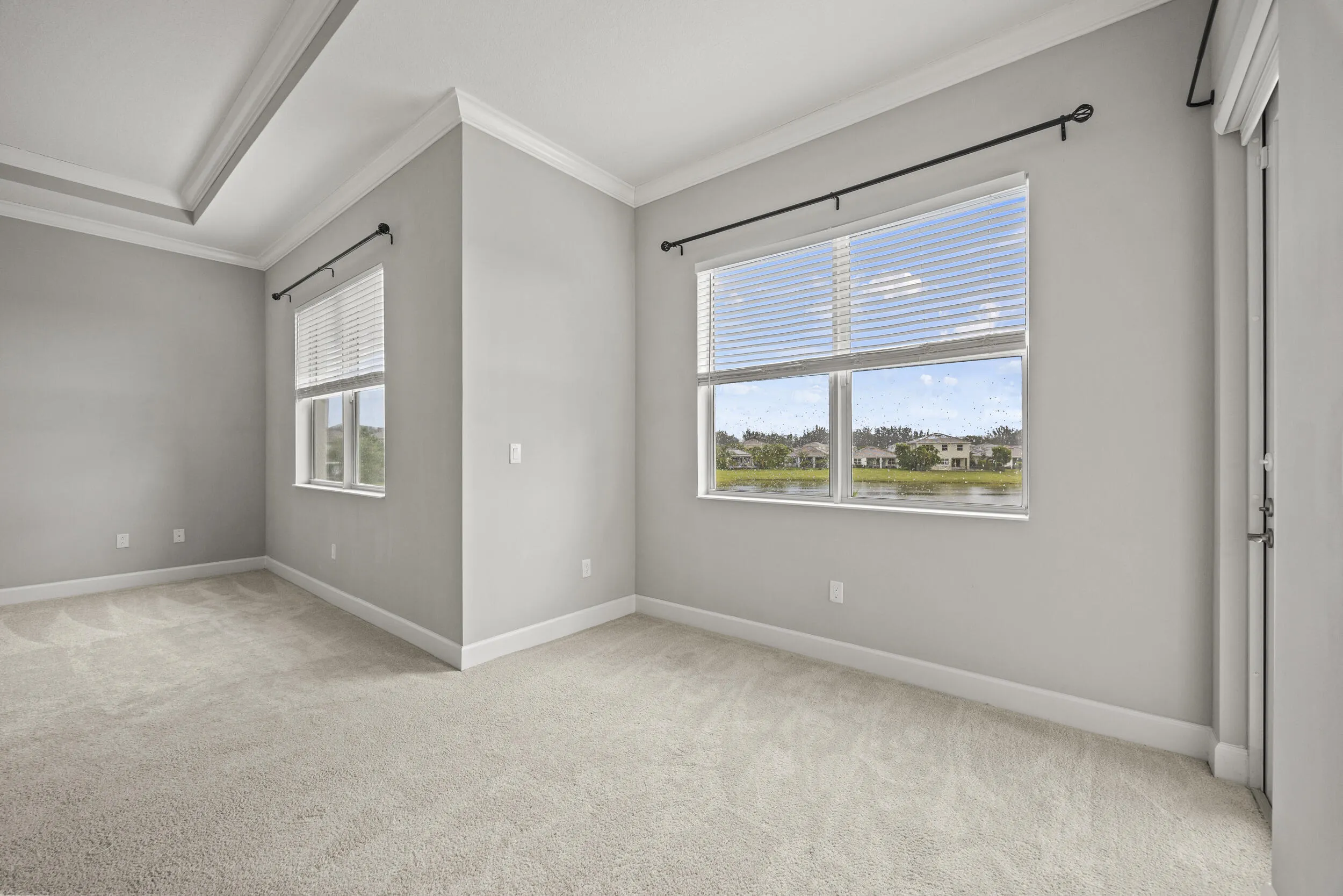 Tray ceiling, crown molding, double window, light carpeting, and a glass-paneled door
