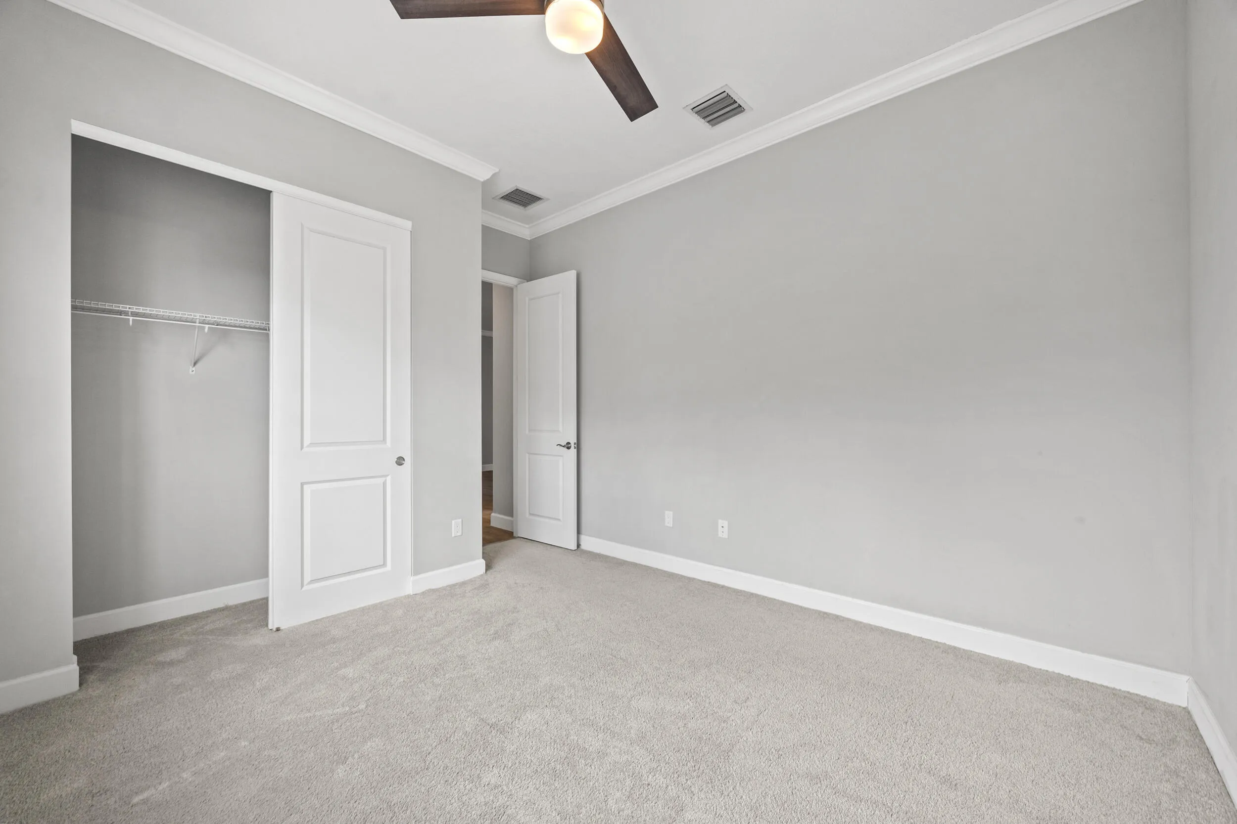 Carpeted flooring, crown molding, ceiling fan, and white doors