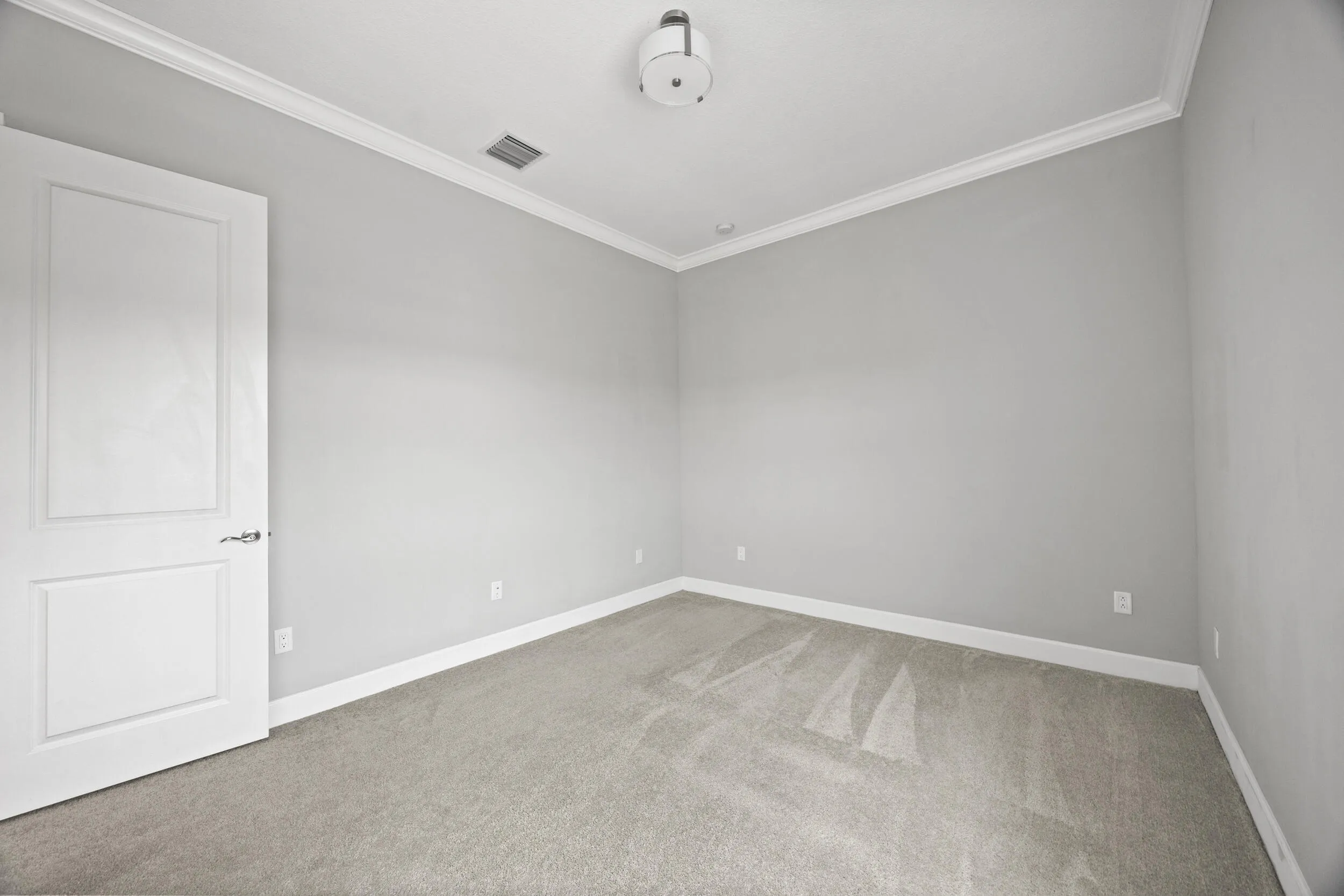 Neutral-toned walls, crown molding, and light gray carpeting