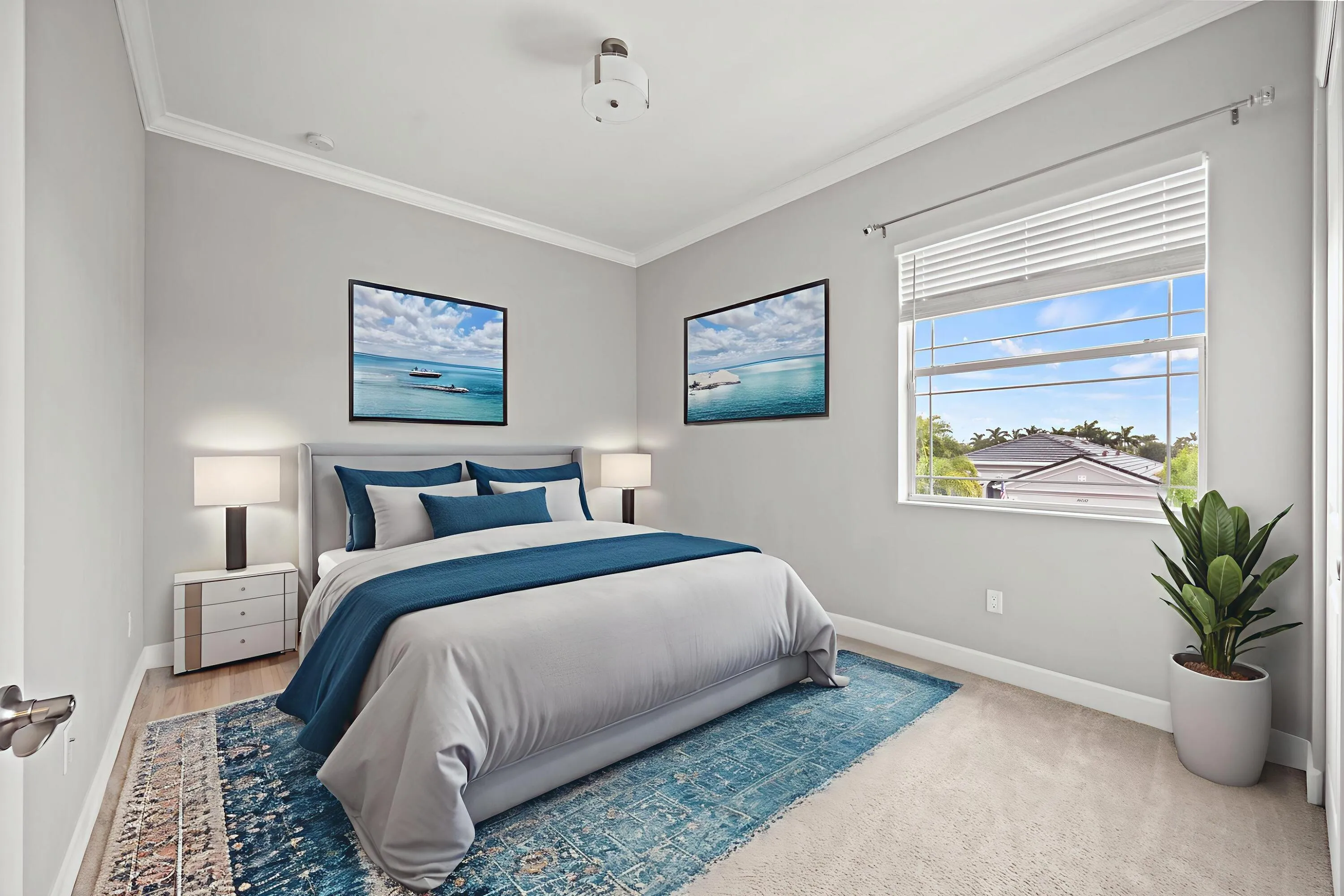 Dual-pane window with horizontal blinds, light wood-finish flooring, and crown molding