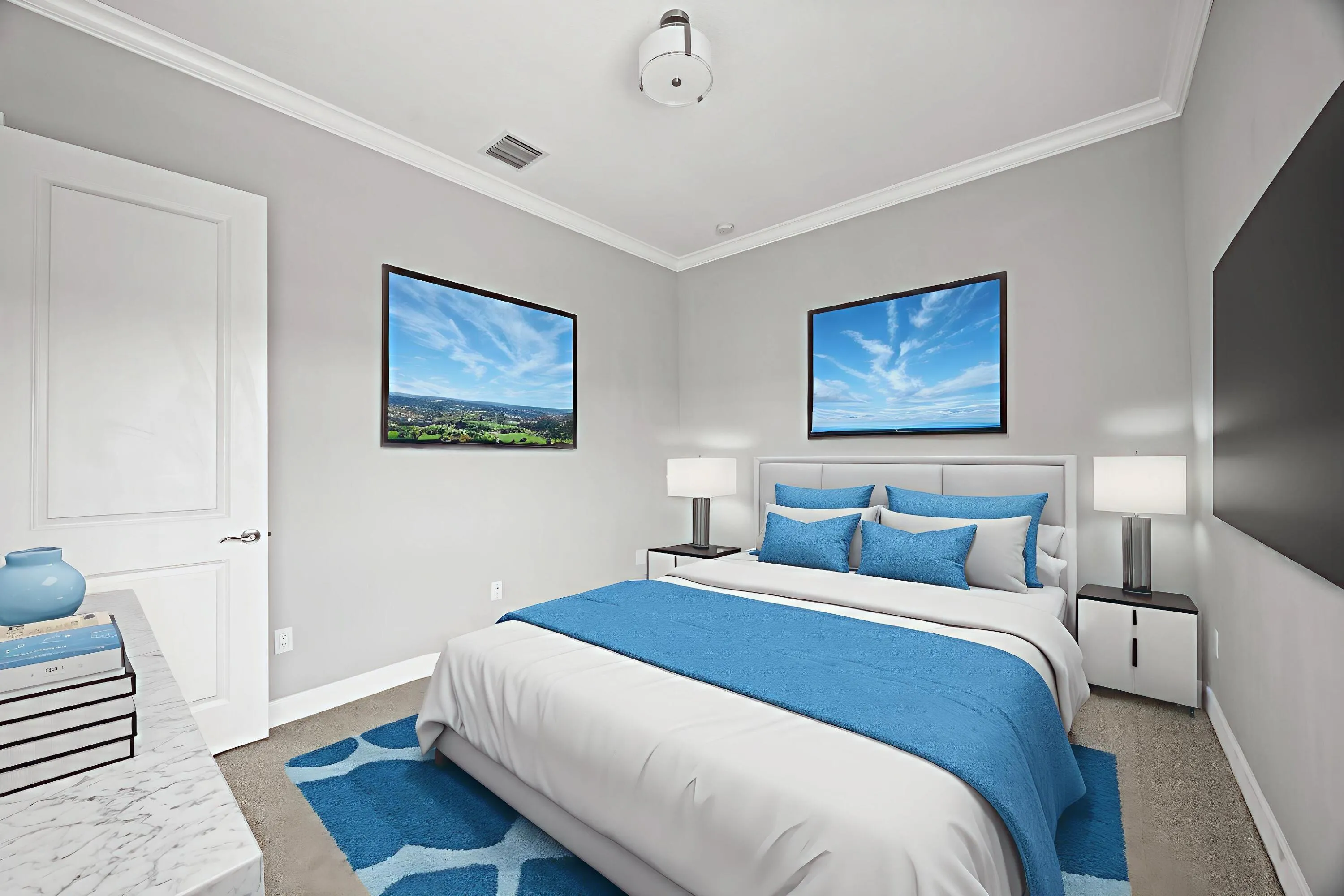 Recessed lighting, crown molding, paneled interior door, and built-in bedside tables with storage