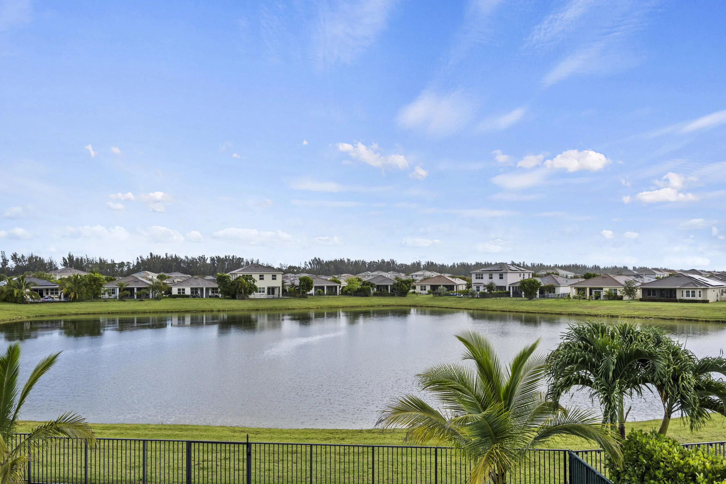 Waterfront property featuring a black metal fence, green lawn, and mature palm trees