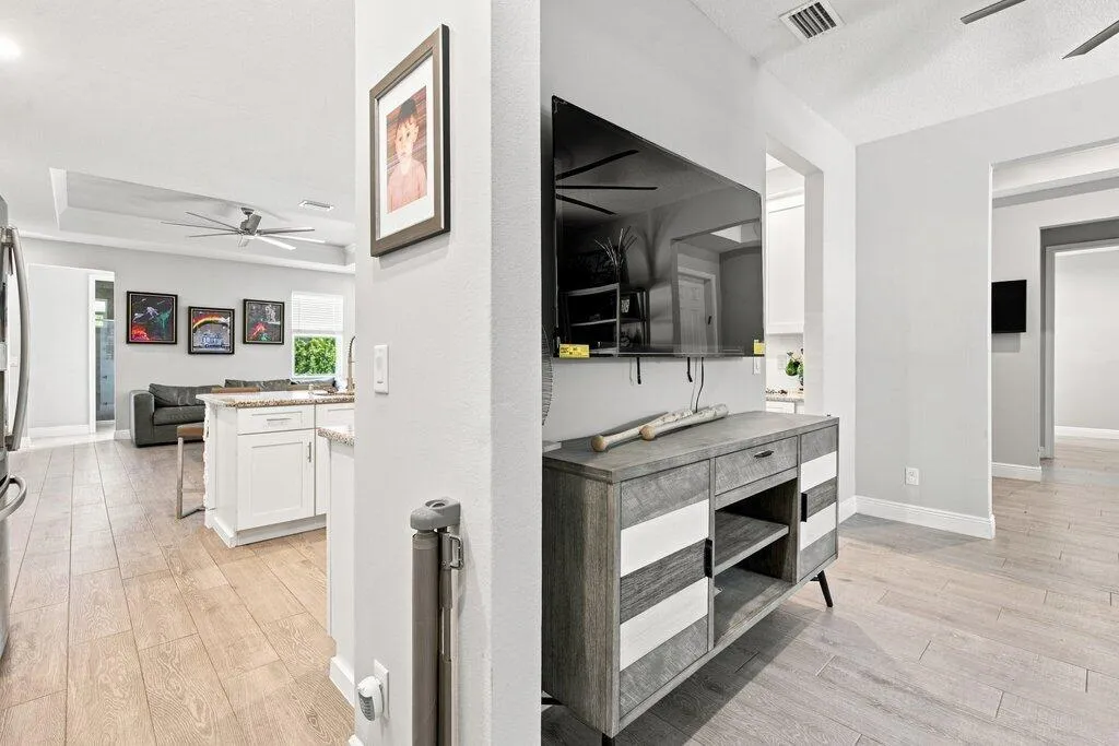 family room into kitchen
