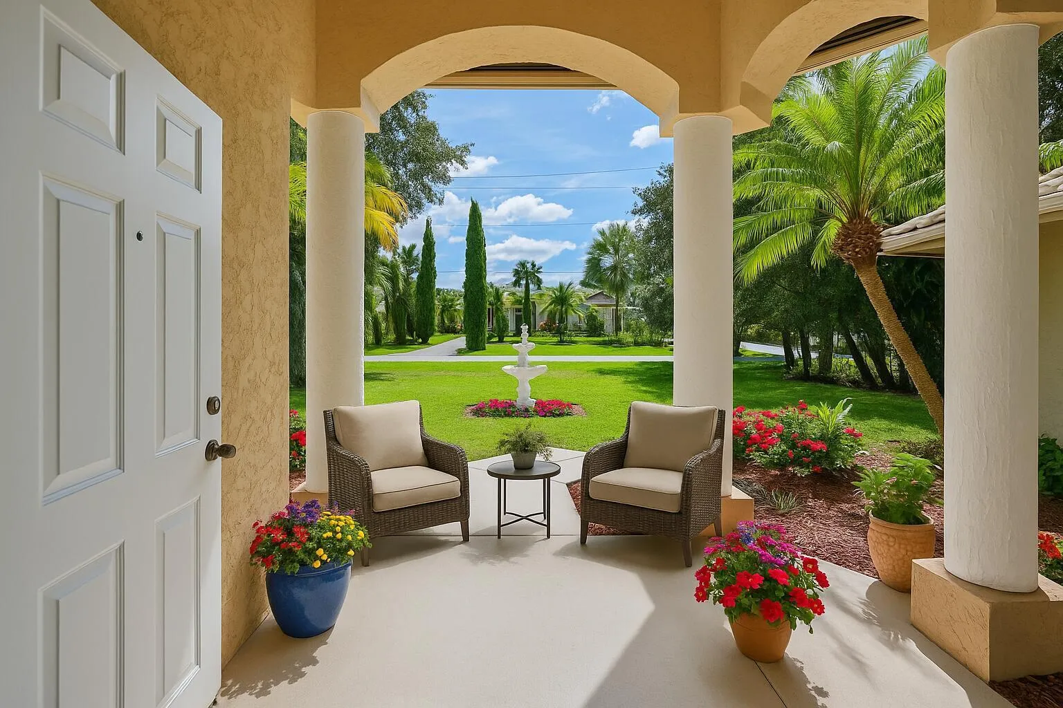 Charming Porch with Colorful Garden View