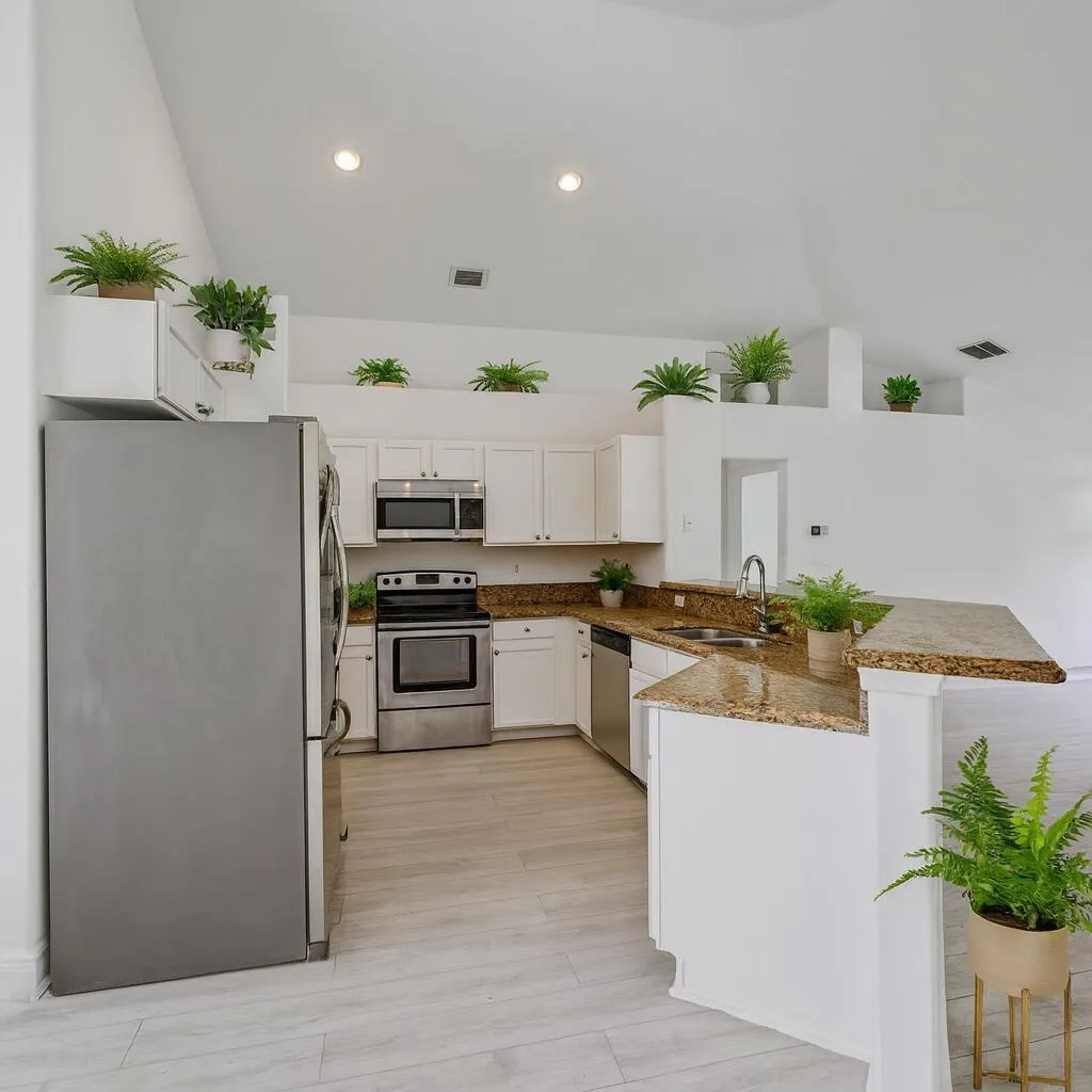 Spacious White Kitchen with Greenery