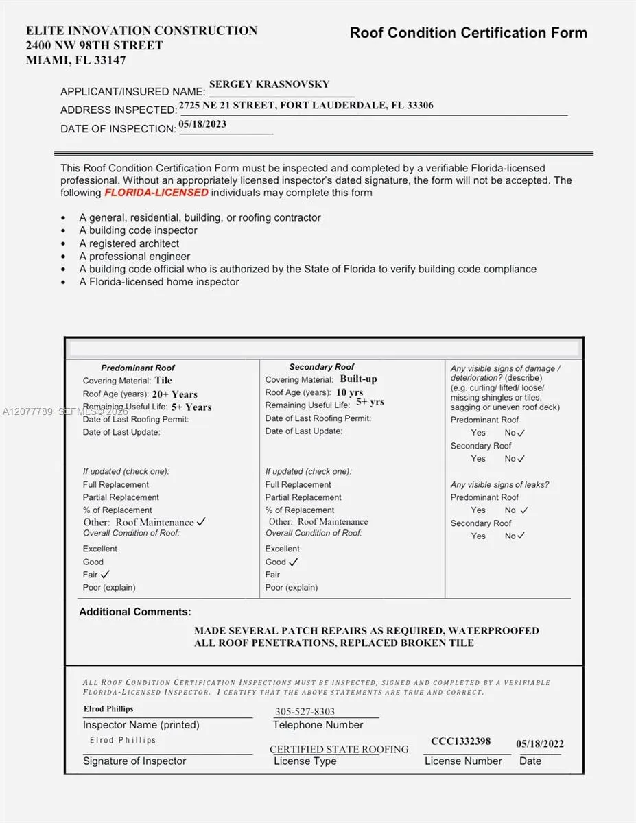 ROOF CERTIFICETION 2023