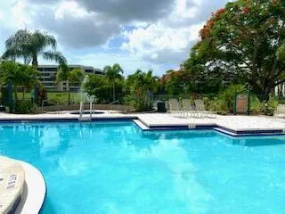 Resort-style swimming pool featuring crystal-clear water, a spa tub, and sun deck with lounge seating