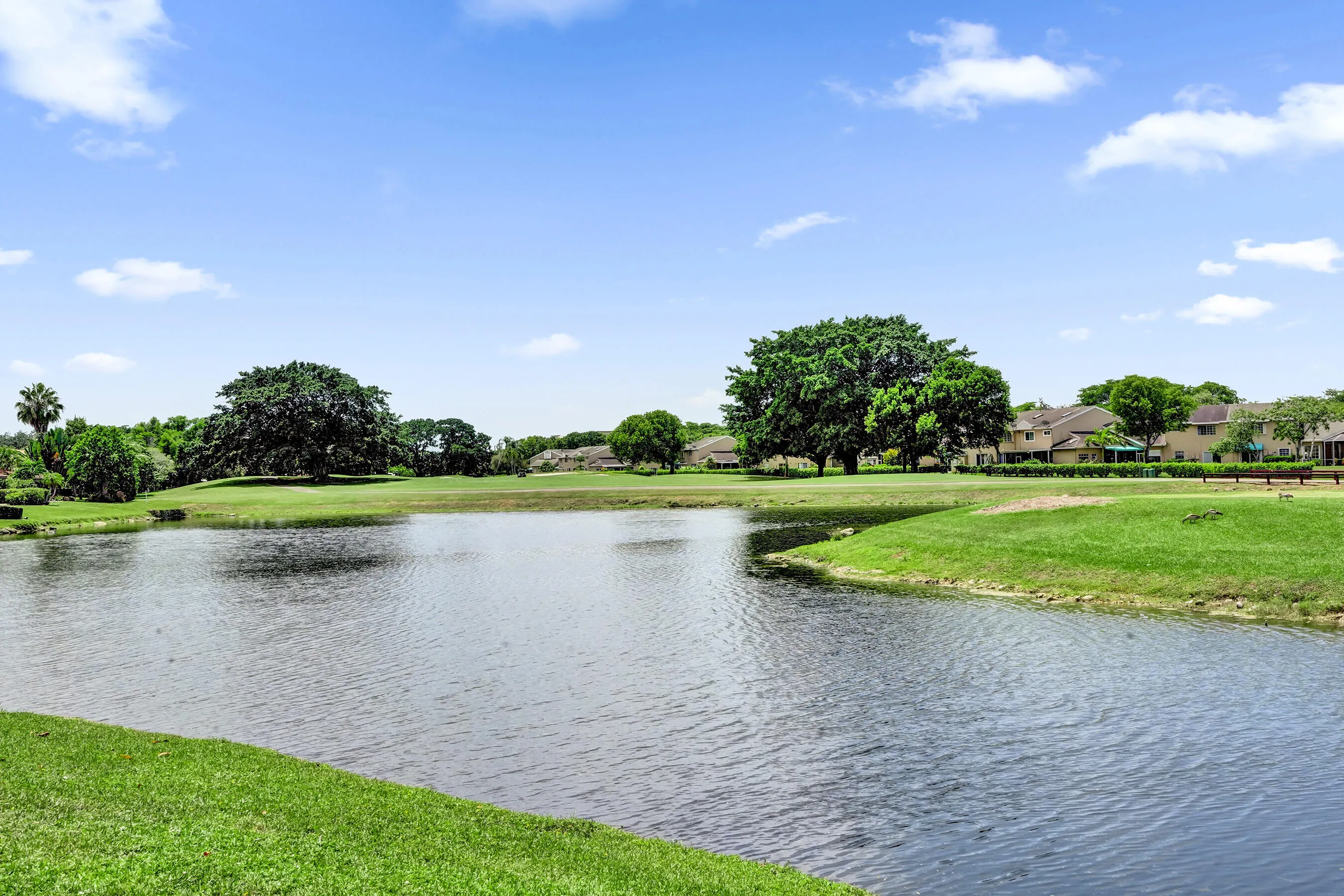 Expansive water feature bordered by manicured lawn and mature trees