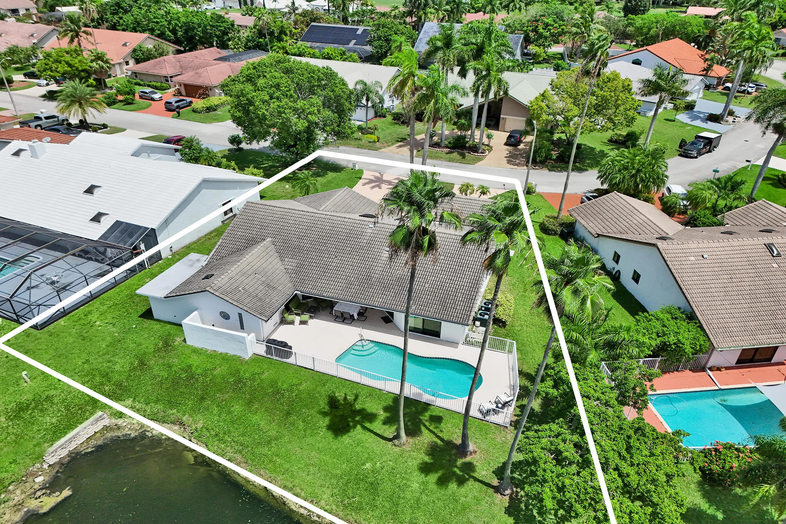 Resort-style backyard featuring a fenced pool with a surrounding patio, lush green lawn, and mature palm trees