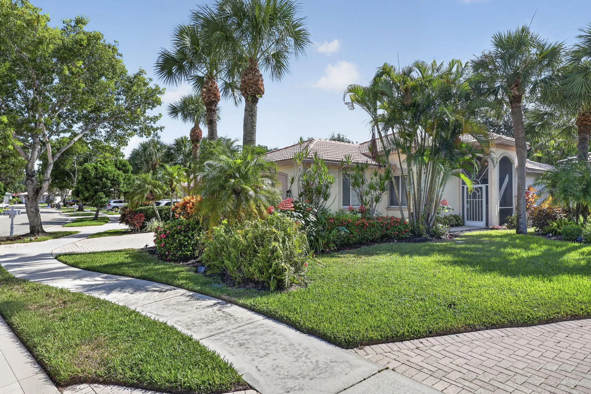 Lush landscaping, mature palm trees, paved driveway, screened entryway, and a concrete tile roof