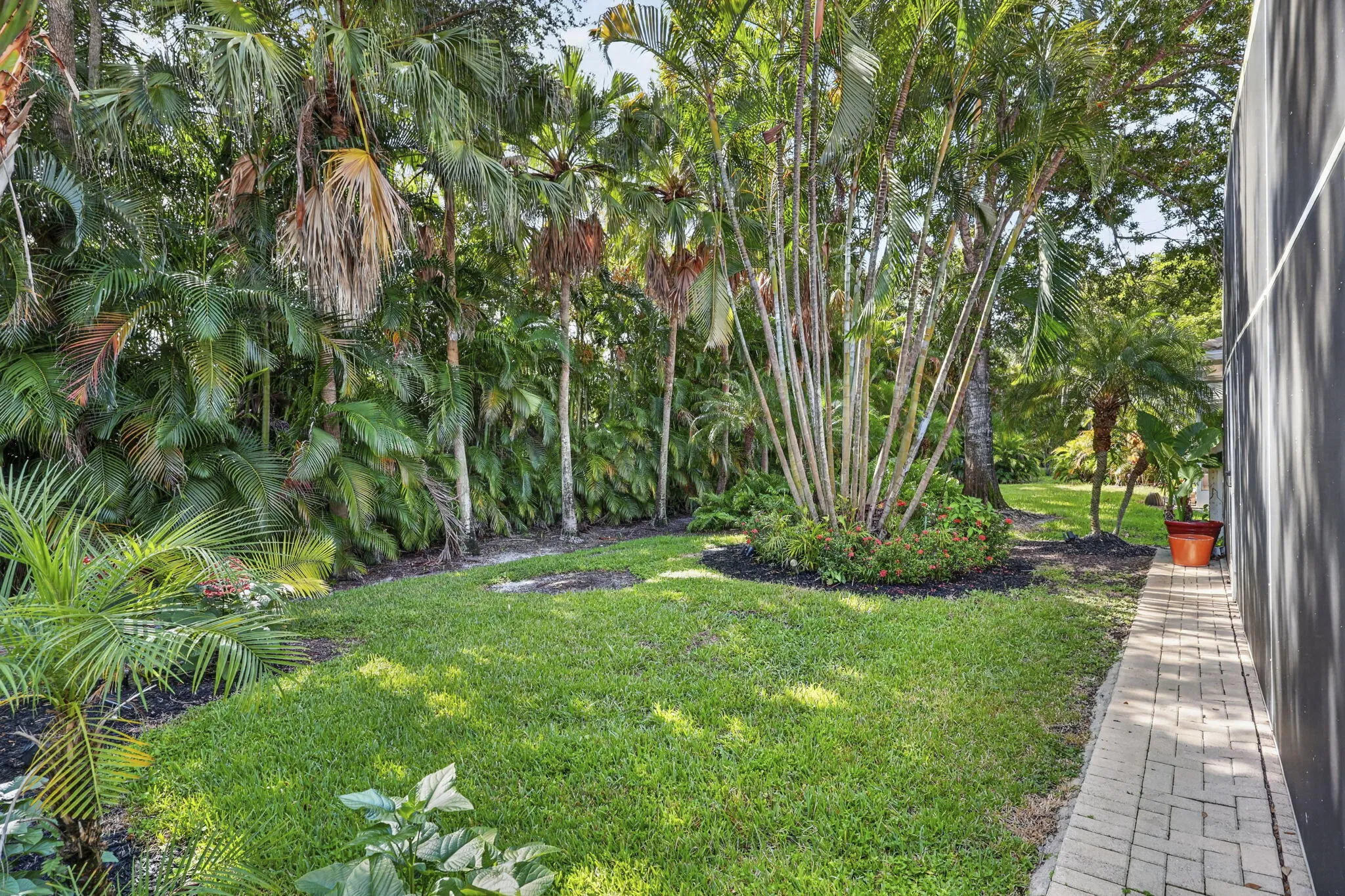 Green lawn bordered by tropical foliage, mature palm trees, and a paver walkway