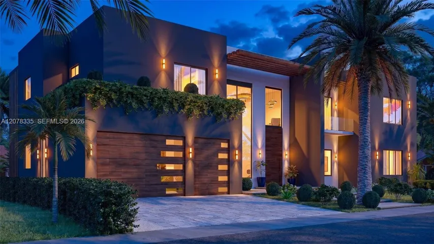 Twilight exterior view showcasing the home's warm ambient lighting and modern design.