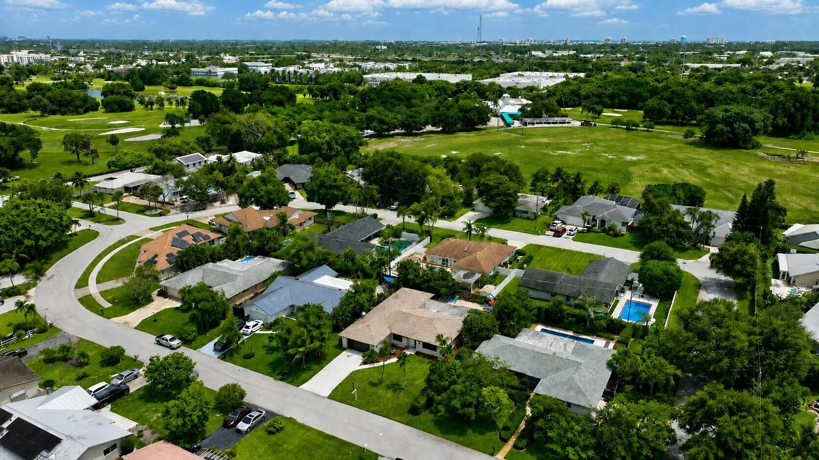 Overhead view of the neighborhood and golf course