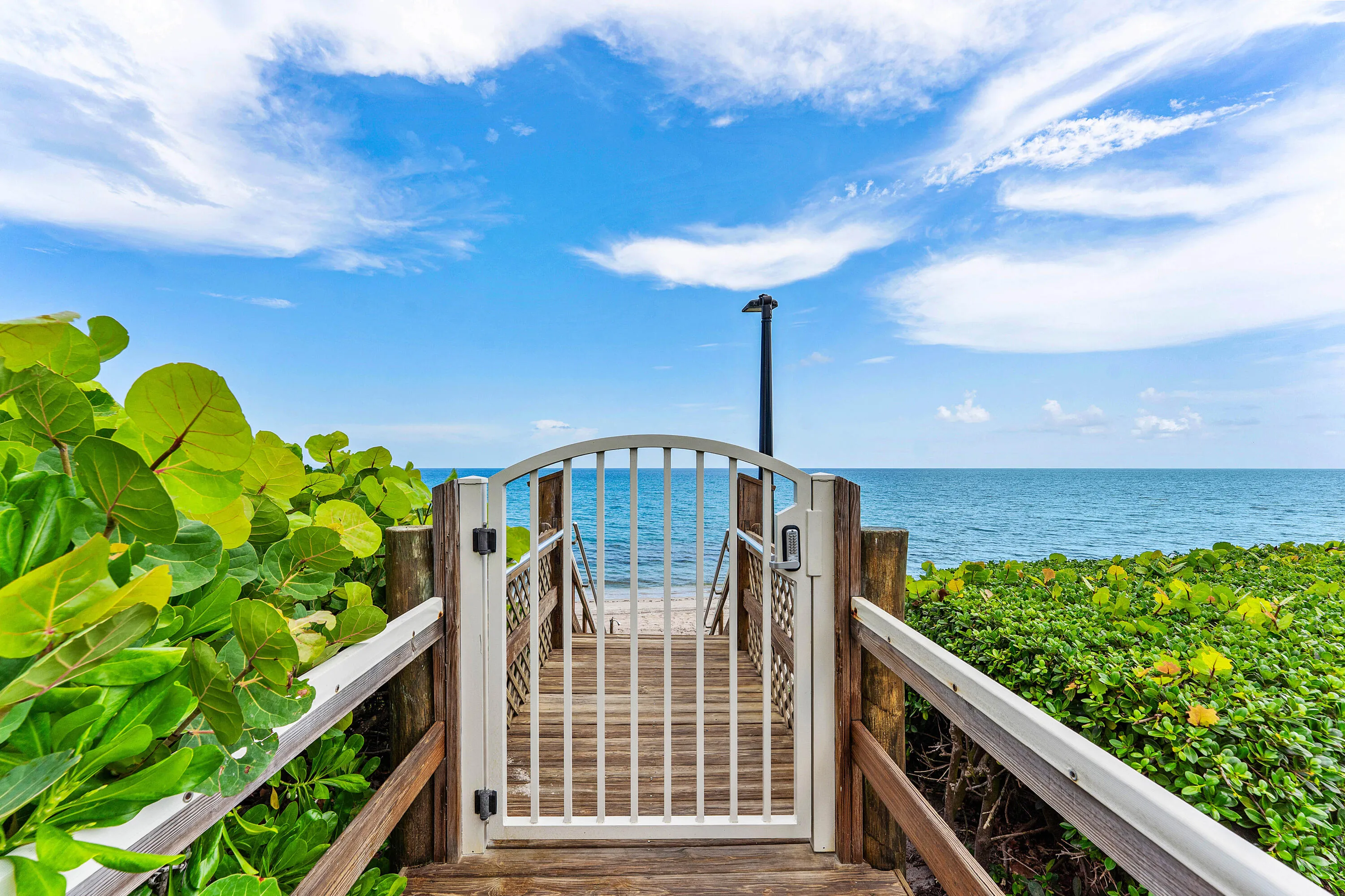 Wood deck pathway with white railing leading to a white gate
